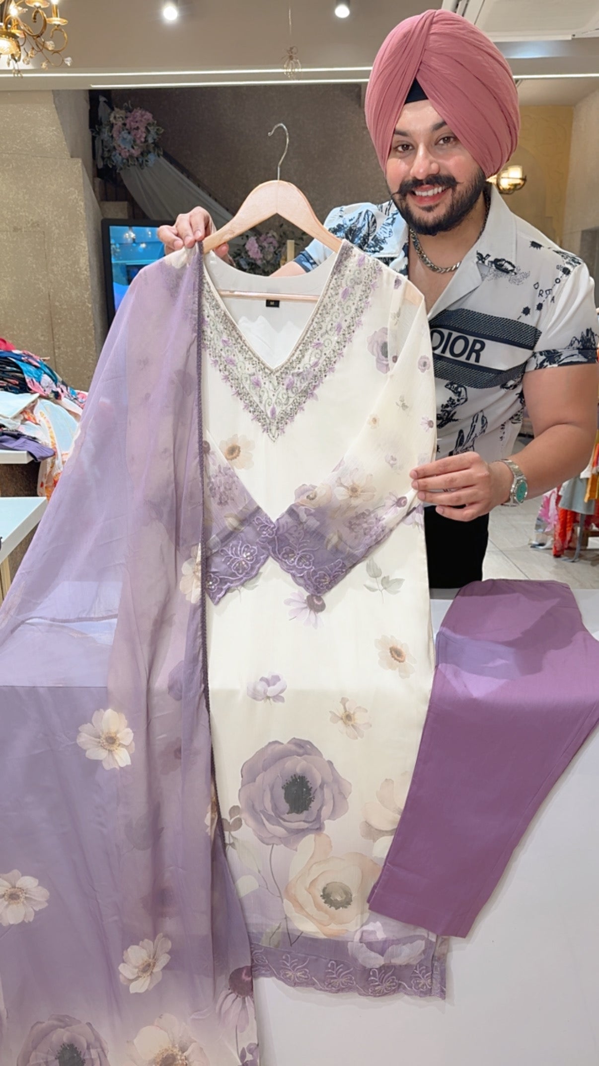 Cream & lilac Soft Chiffon Flower Print Straight Suit with Hand embroidery Work on neck