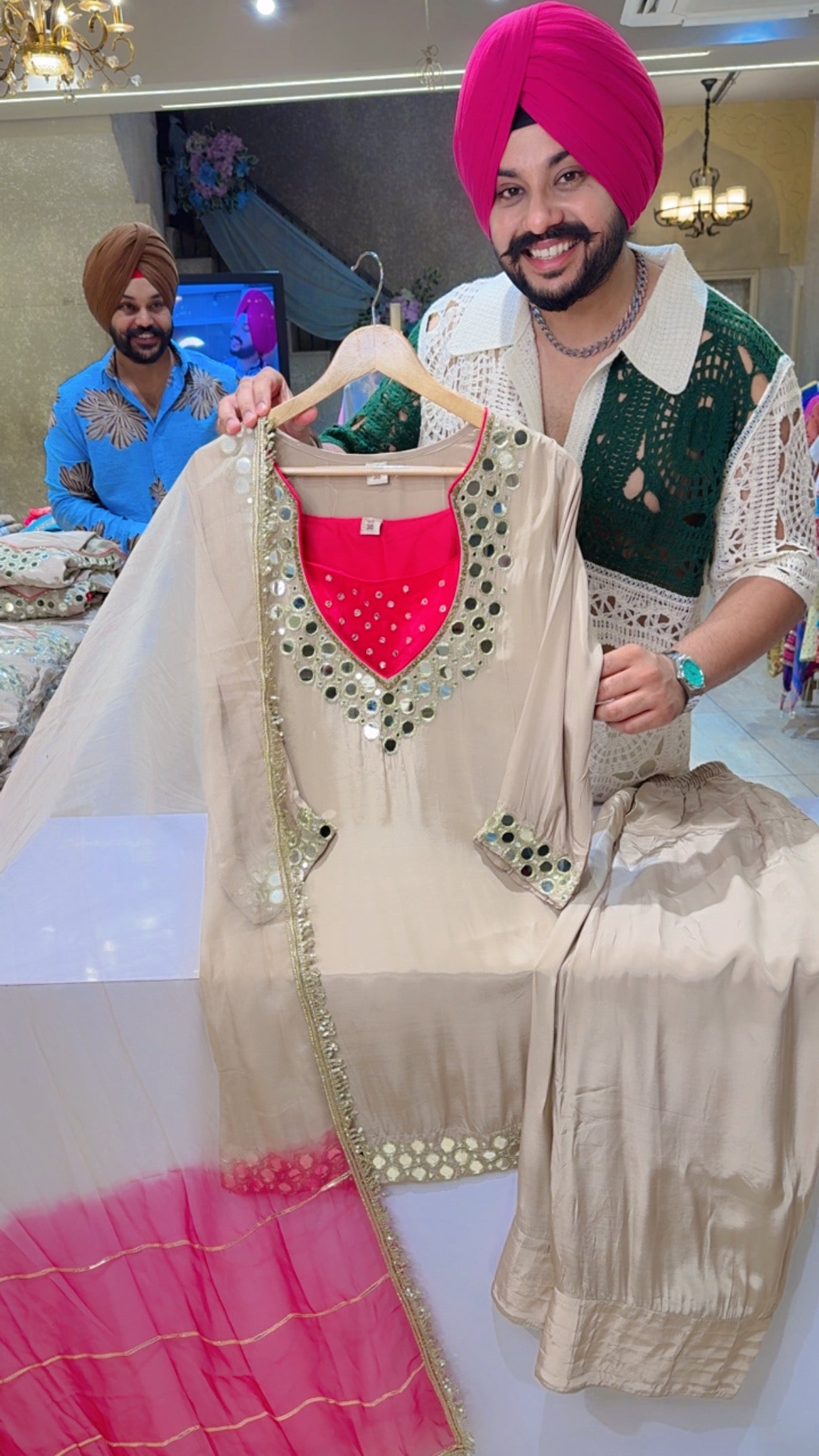 English Biege Crepe Heavy Mirror Work Farshi Salwar Suit with Padded Bustier