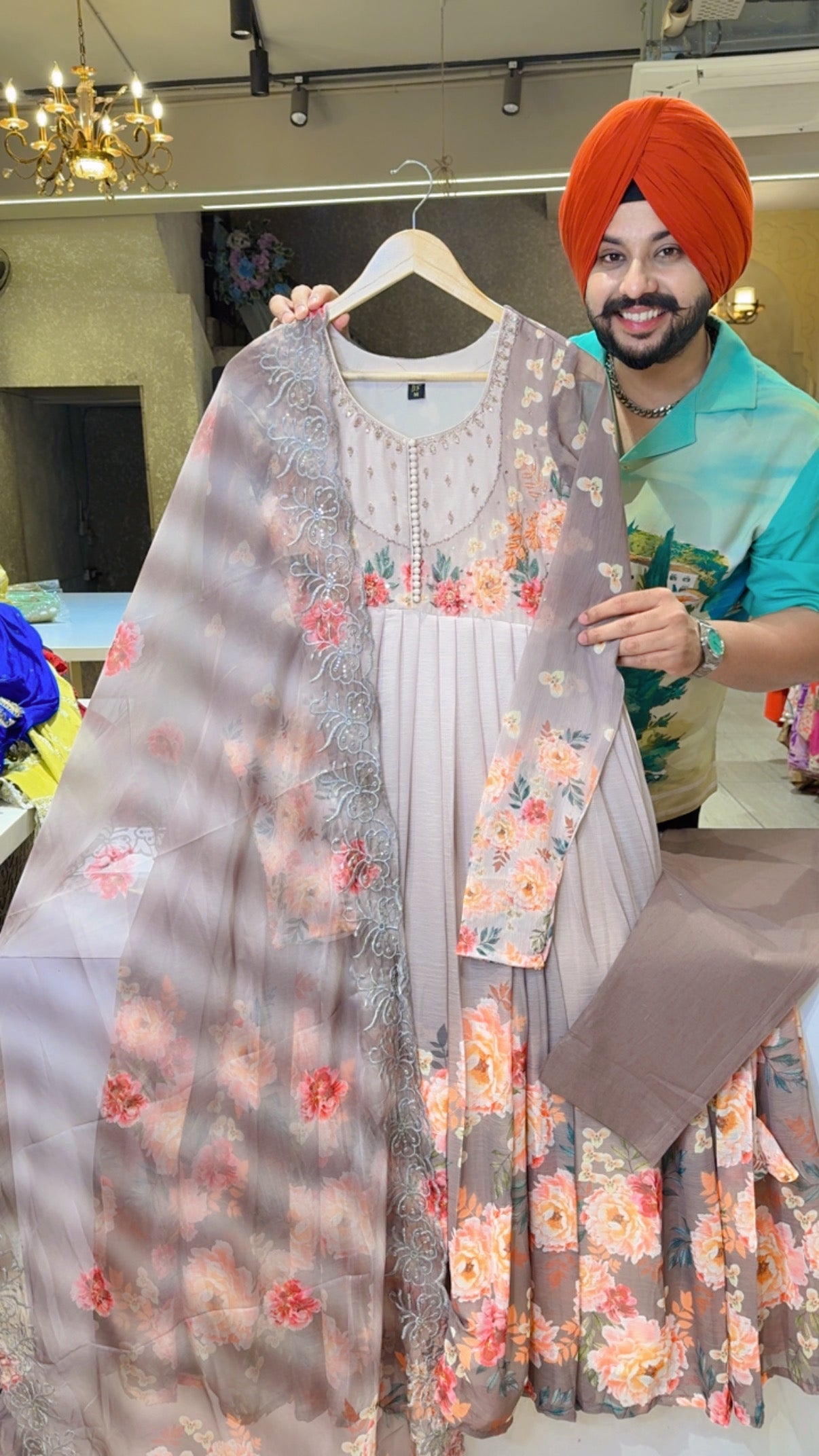 English Grey Chiffon Full flair Girish Anarkali Suit with Hand embroidery Work on neck & Soft Organza Duppata