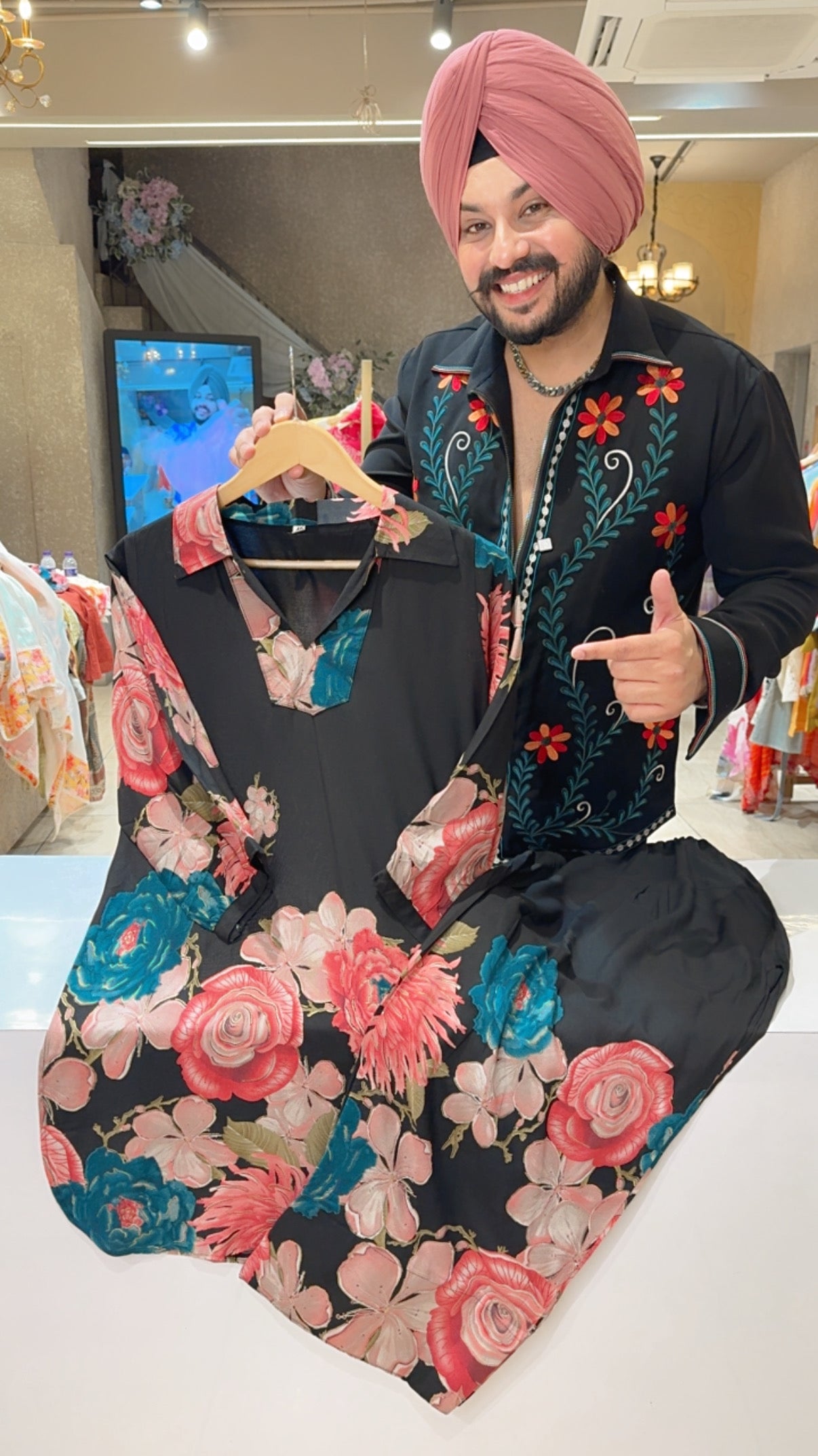 Black Soft Rayon Floral Print Apple Cut Farshi Salwar Coord set