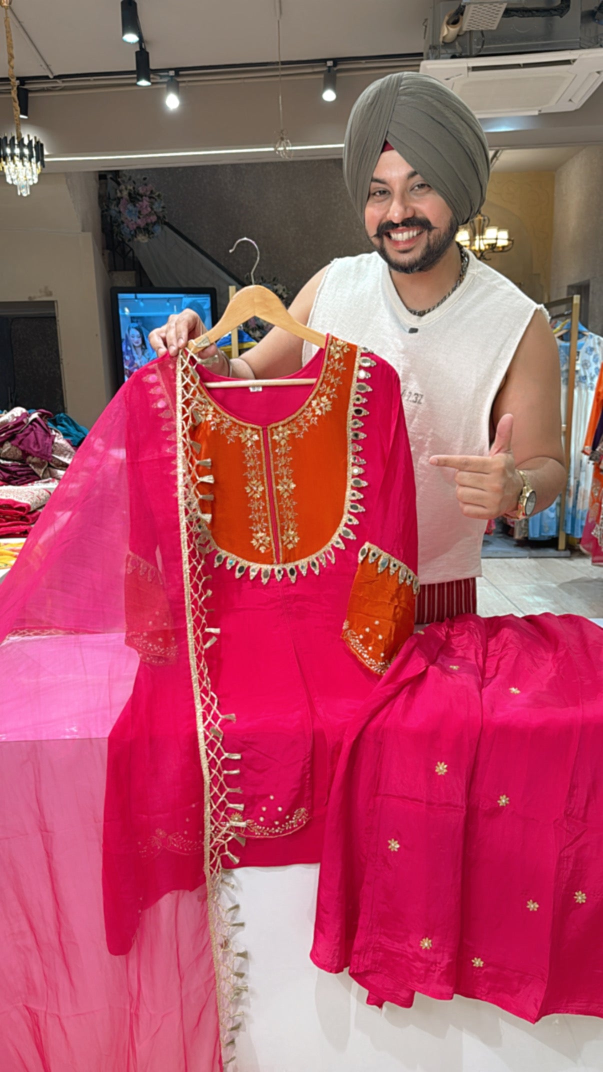 Hot Pink Crepe Hand embroidered Front slit Sharara Set with Designer lace Organza Duppata