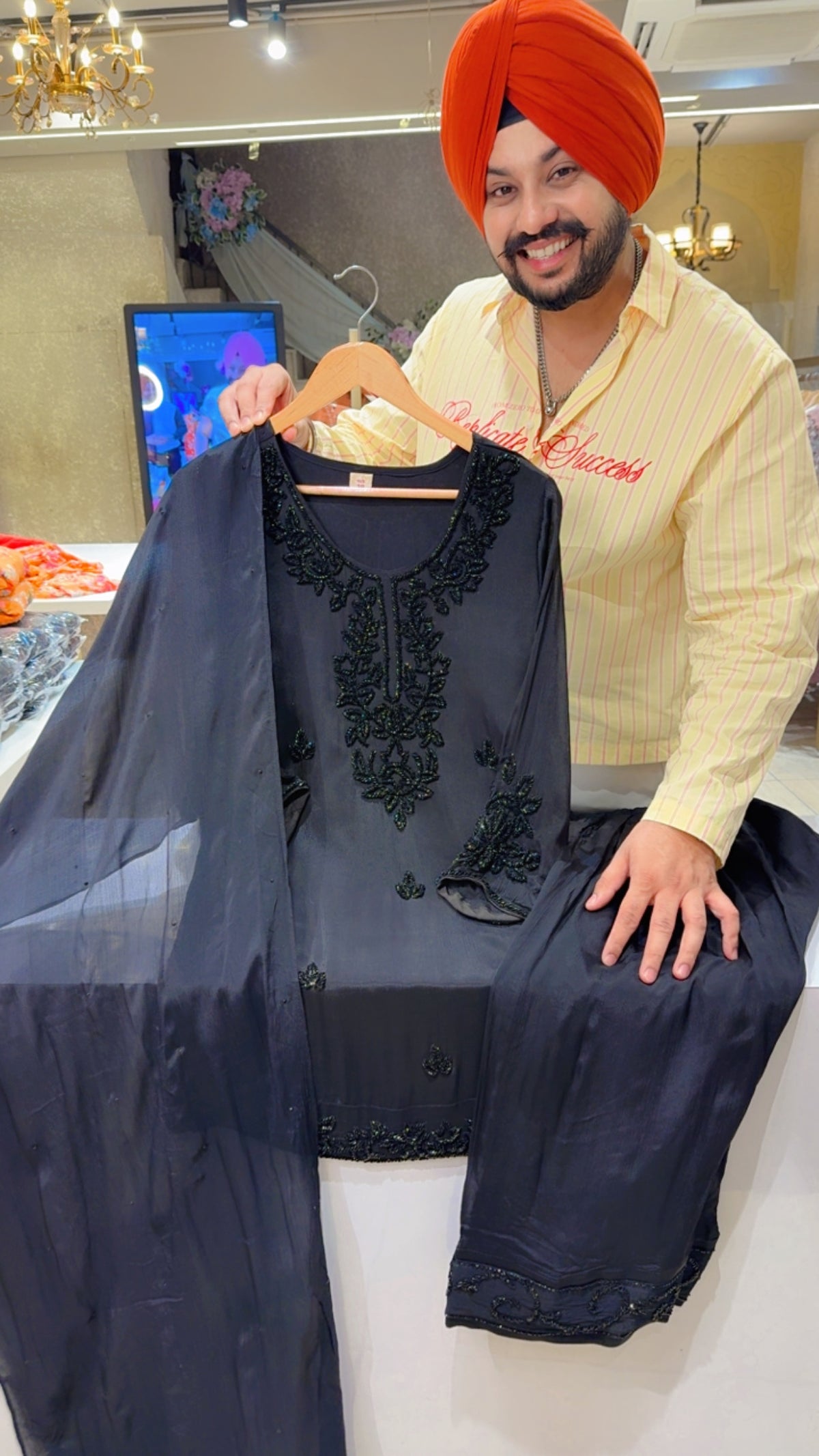 Black Chinon Heavy Crystal Hand embroidered Farshi Salwar Suit