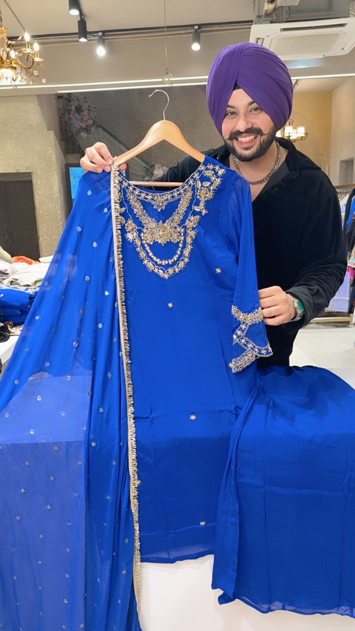 Royal Blue Chinon Party Wear Straight Suit with Hand embroidery Work on Neck & Sleeves