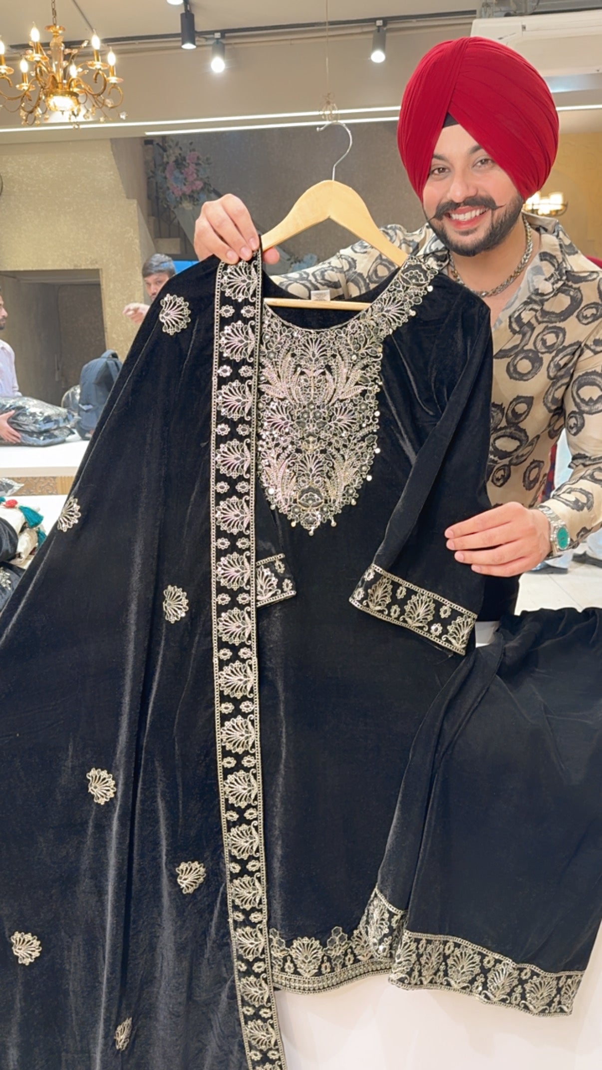Black Velvet Heavy Embroidered Party wear Straight Plazo suit with Beautiful Heavy Duppata