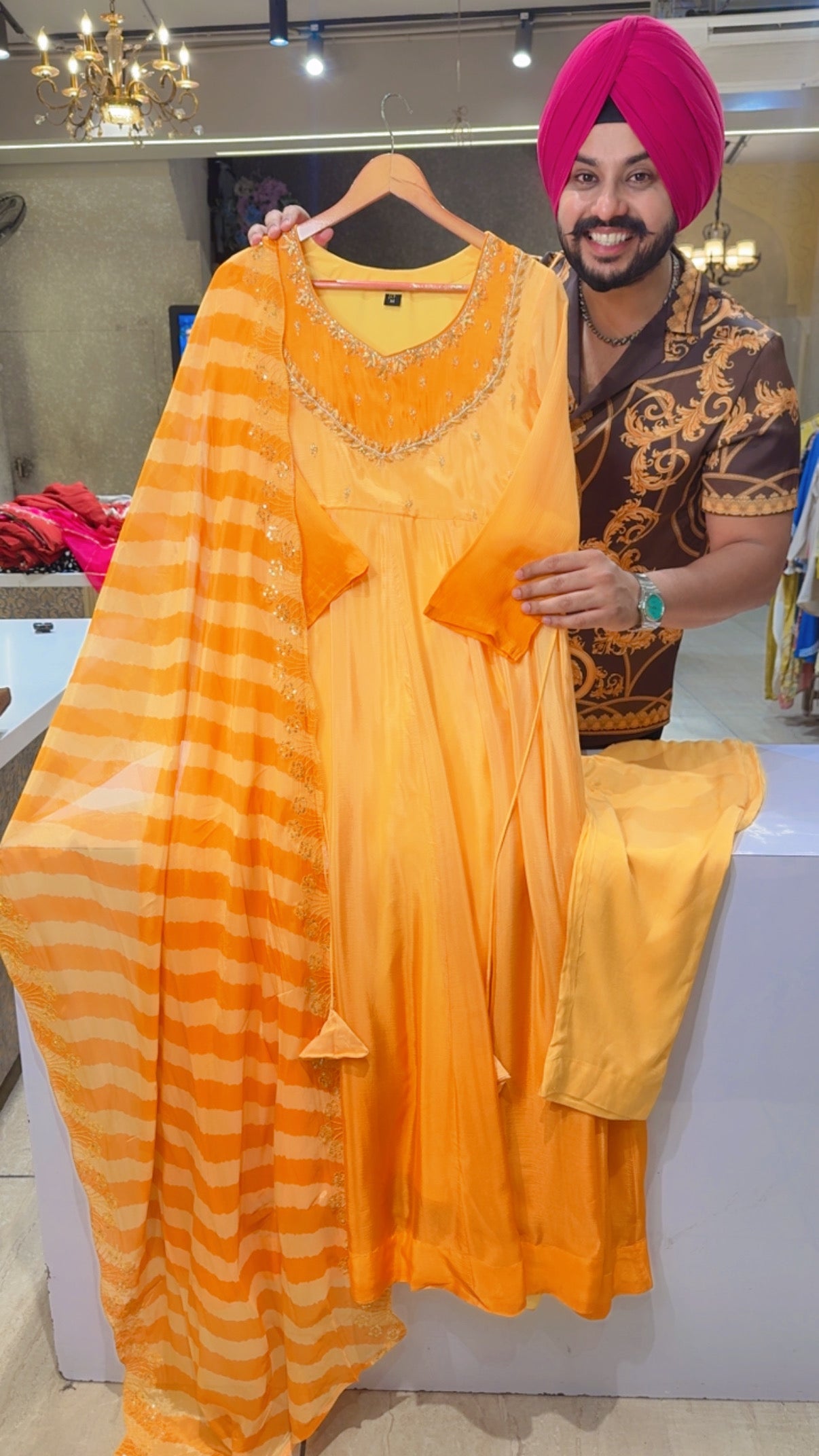 Yellow Chinon Hand embroidered Party Wear Anarkali Suit