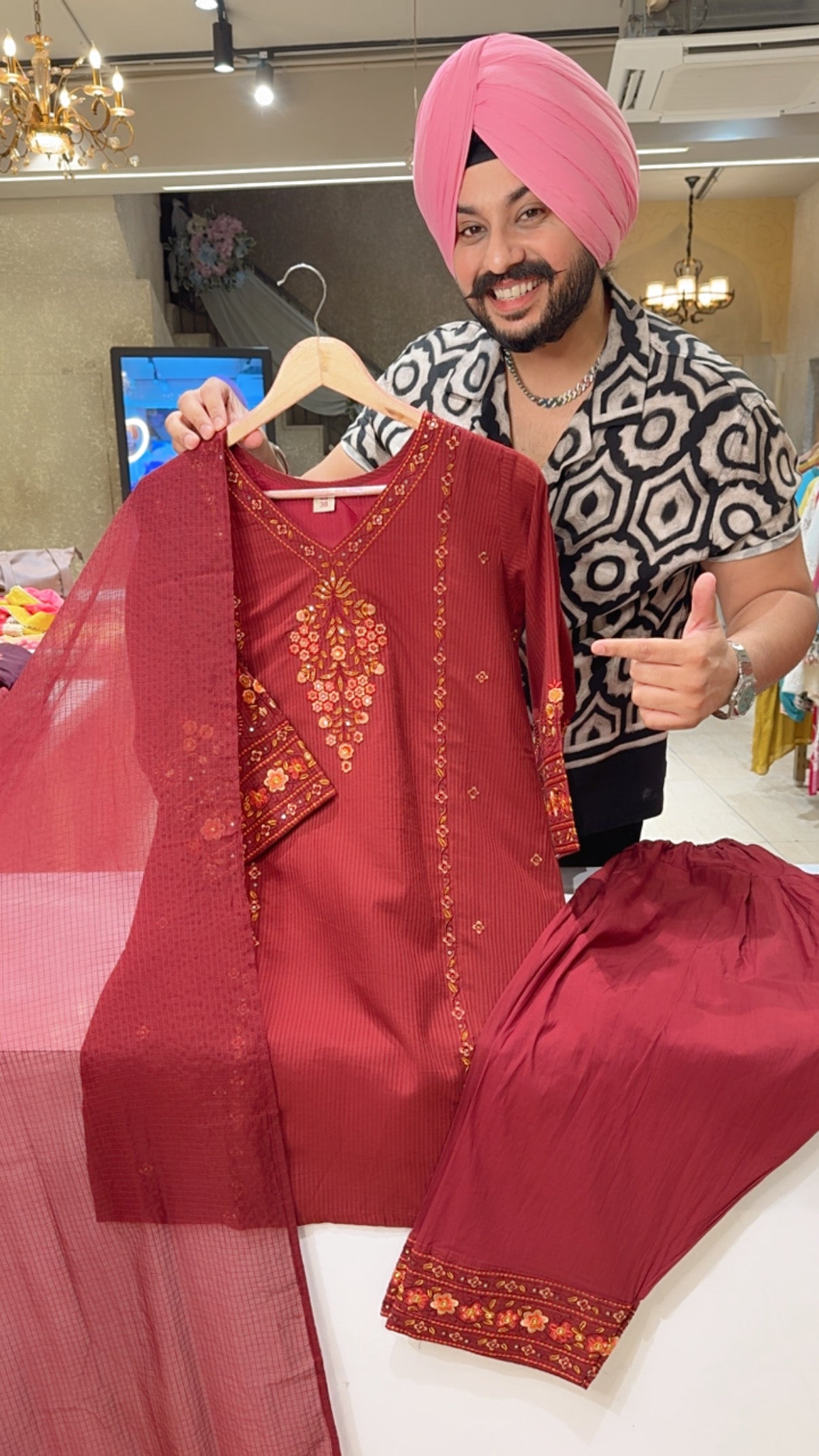 Maroon Cotton Embroidered Semi formal Farshi Salwar suit with Kota Doria Duppata