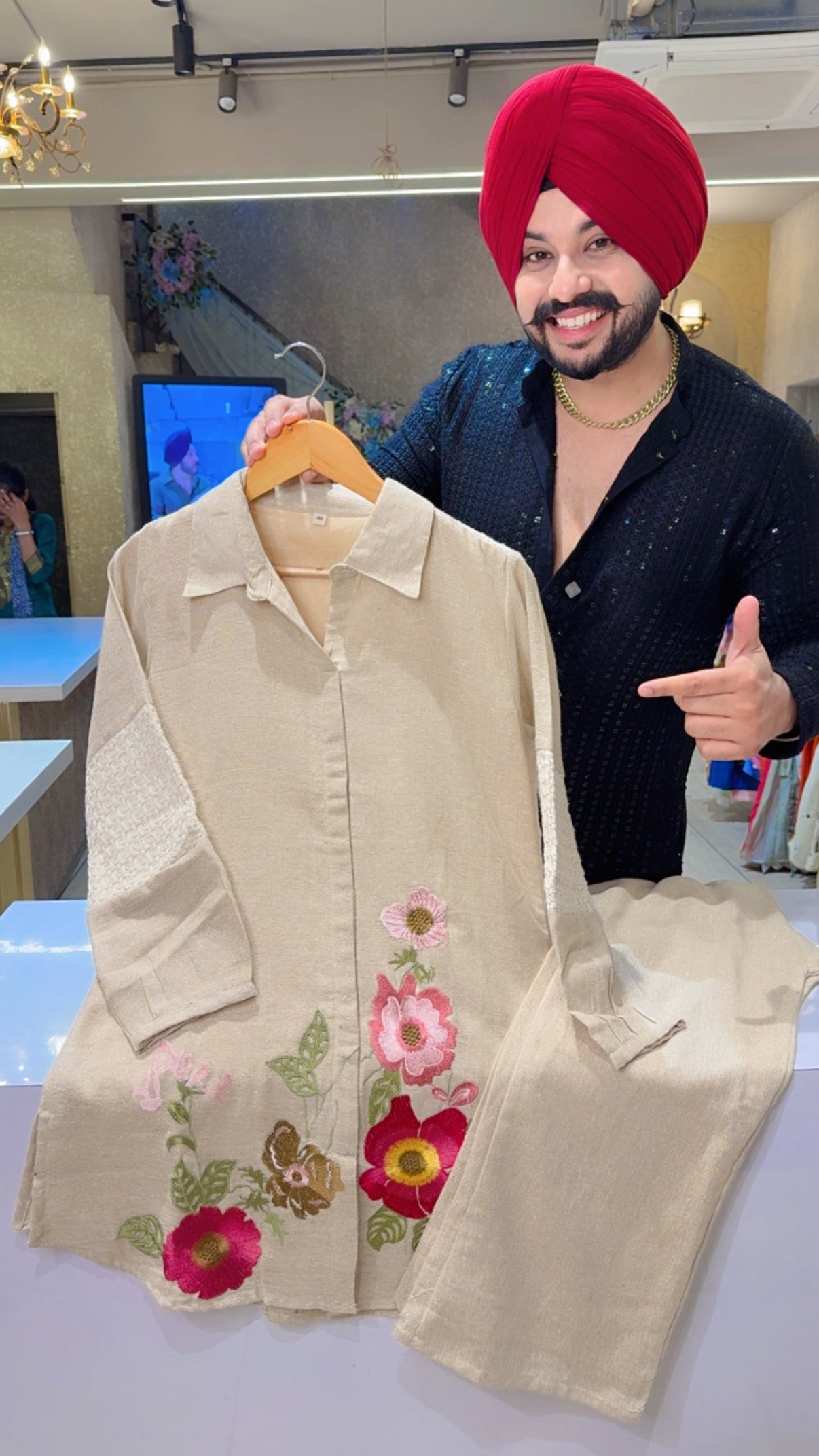 Beige Soft Jute Cotton collar Neck Embroidered & Crochet lace Semiformal Coord set IN