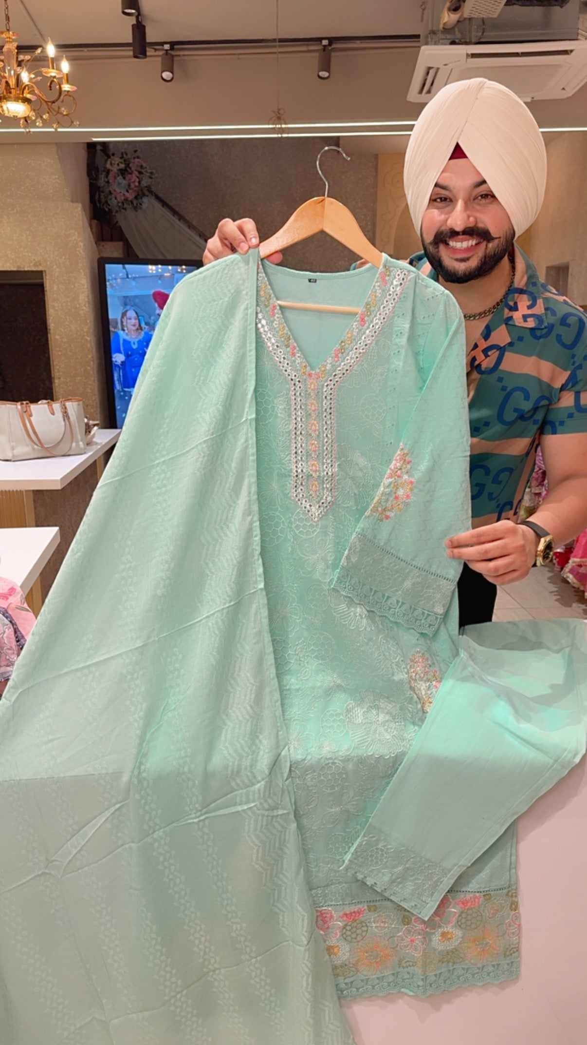 Light Sea Green Jaquard Cotton Fully embroidered Party Wear Straight Suit