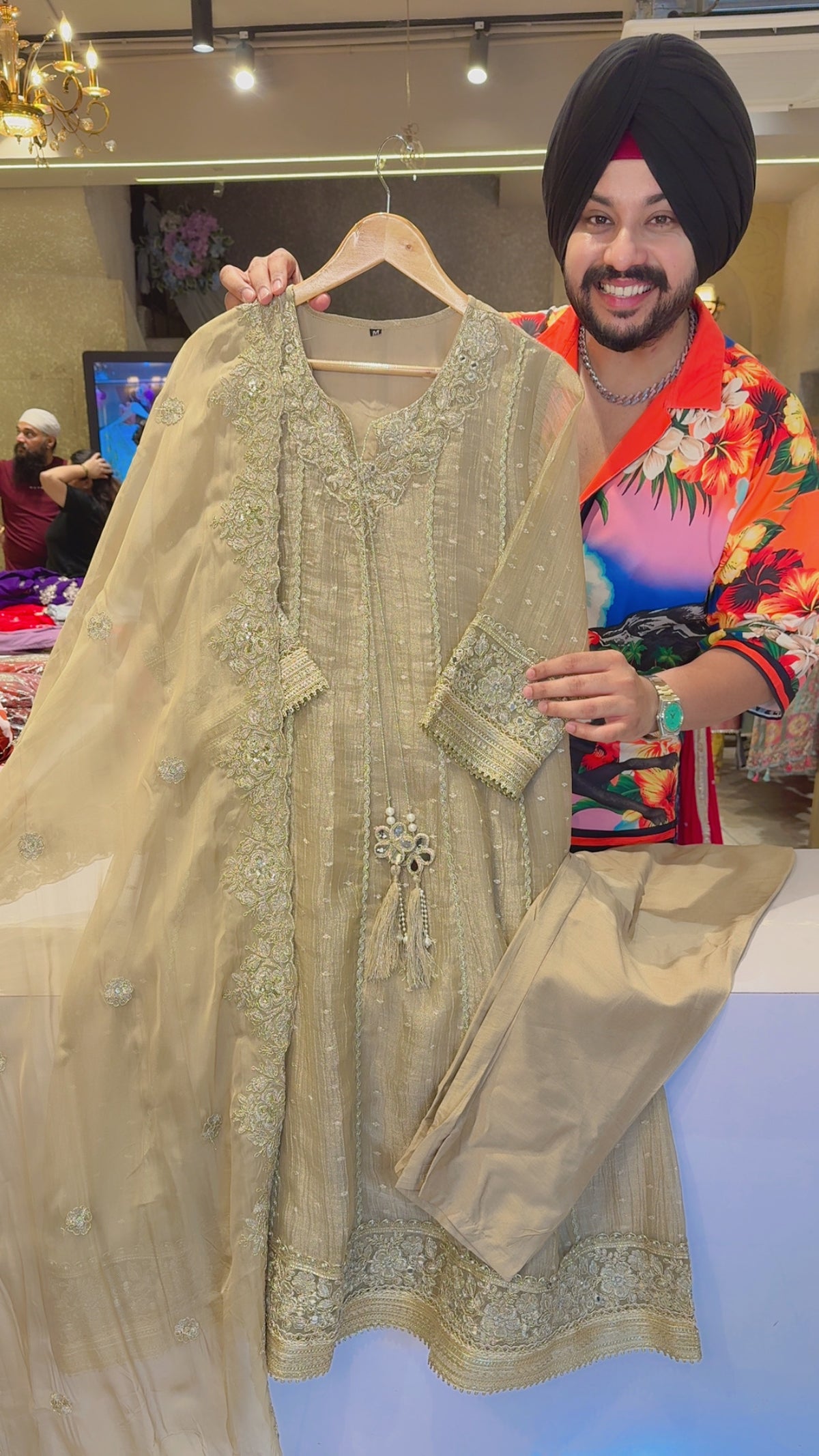 Goldenish Beige Salsa Fabric Heavy Embroidered Party Wear Anarkali Suit