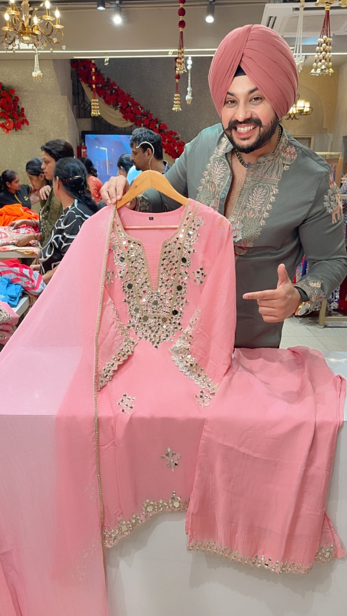 Pink Soft Organza Heavy Mirror Work C-cut Plazo Suit