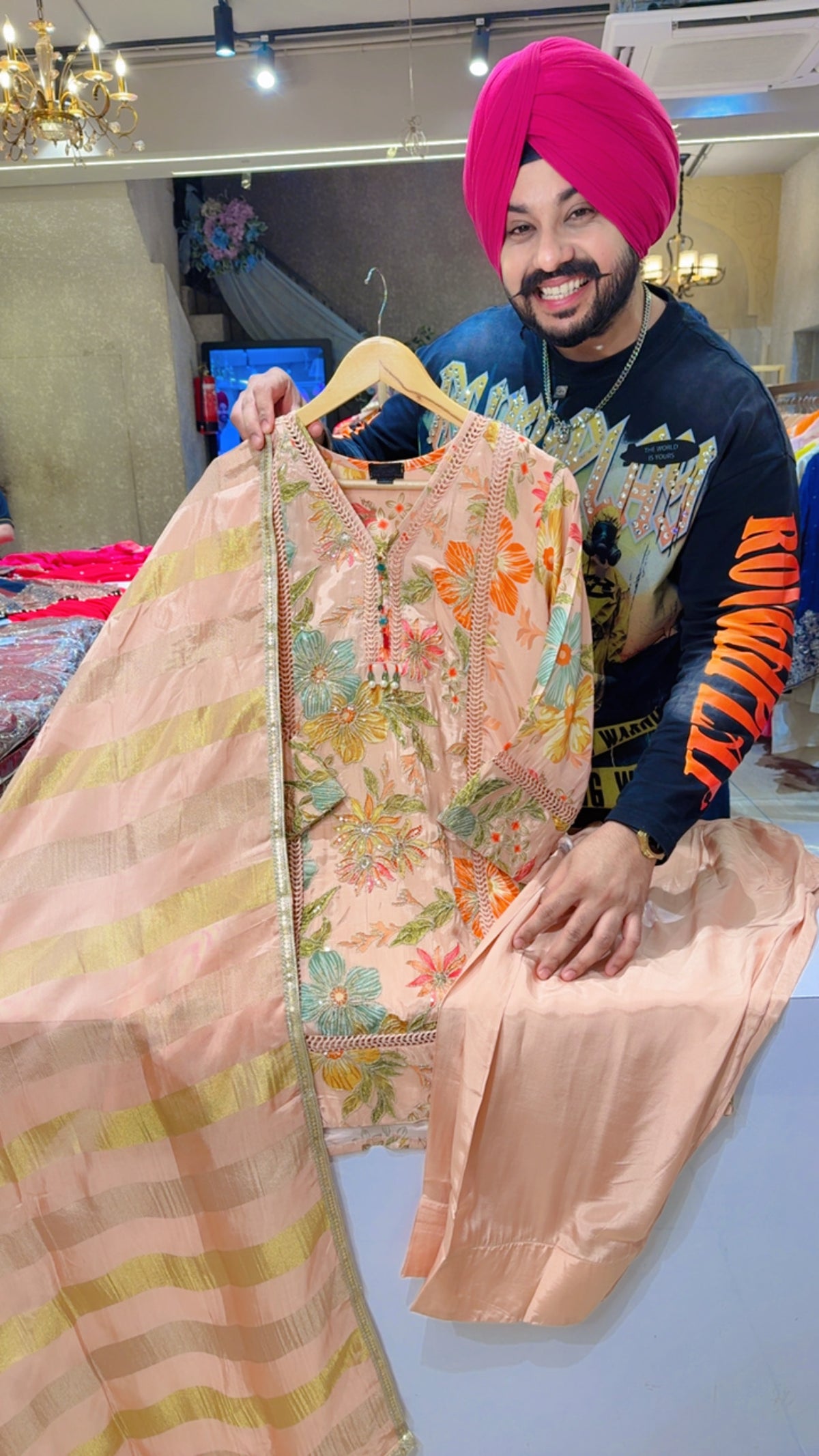 Peach premium Crepe Floral Print Fully Embroidered Indowestern Farshi Salwar Suit