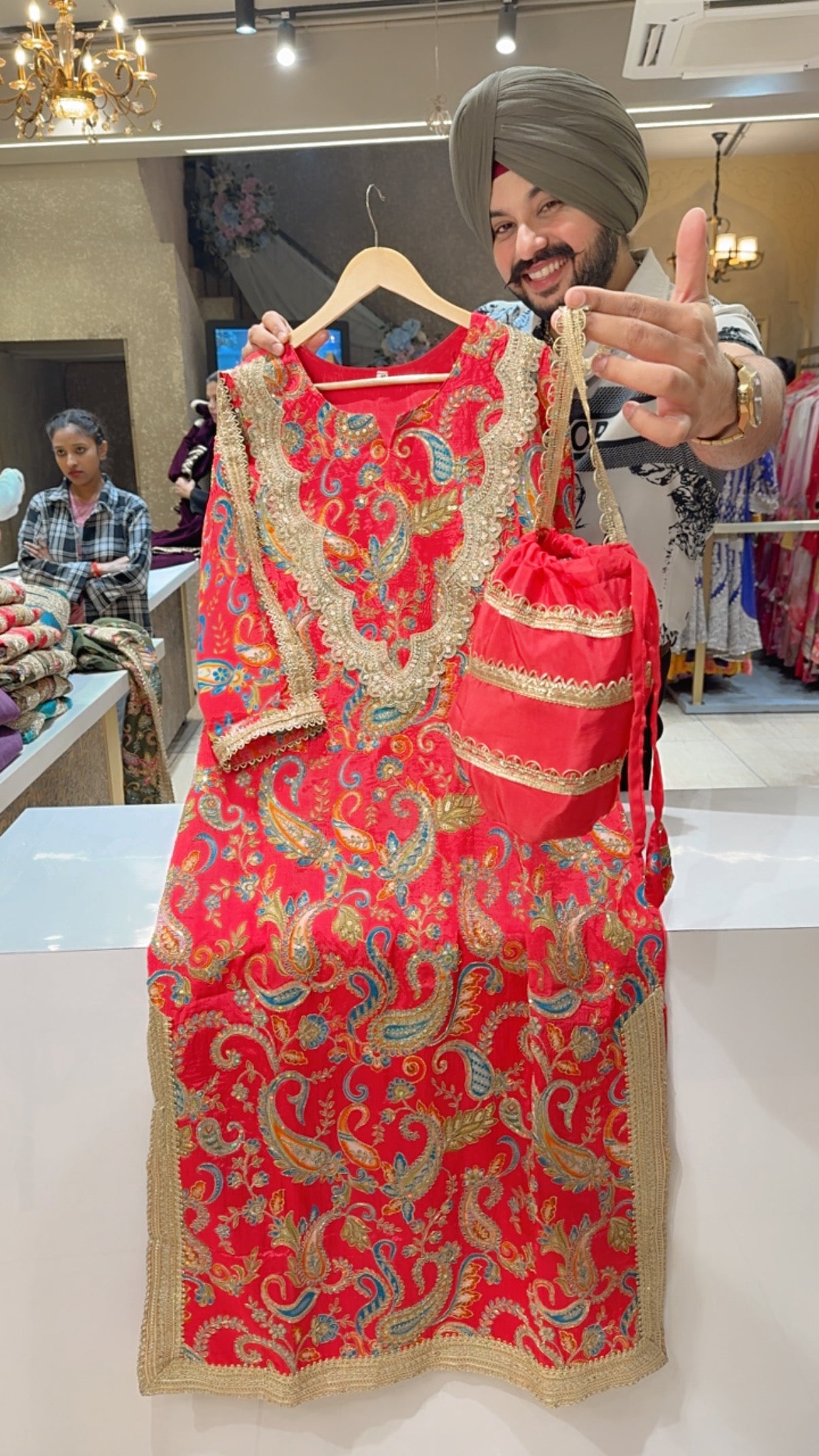 Vibrant Gajri Crepe Heavy Embroidered Kashmiri long Straight one Piece with Cute Potli