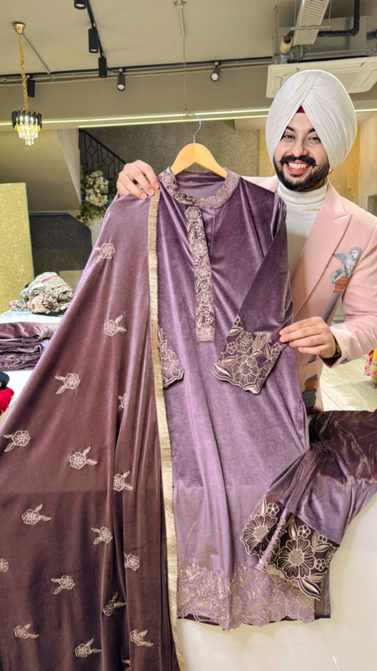 Mauve Premium Strechable Velvet Embroidered Straight Suit with Beautiful Duppata