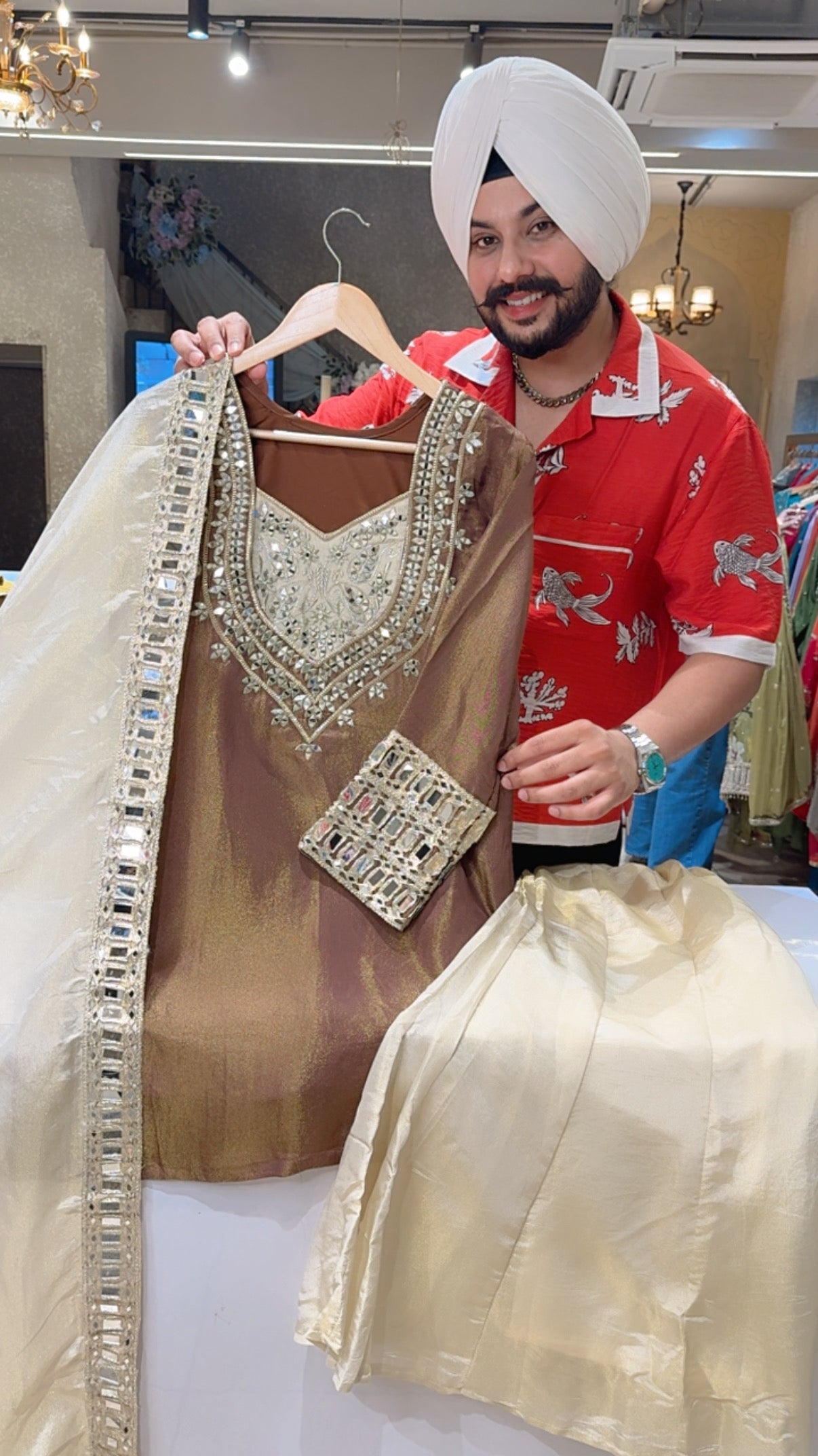 Goldenish Brown Shimmer Silk Designer Neck Mirror Work Bell Bottom Sharara Indowestern Suit