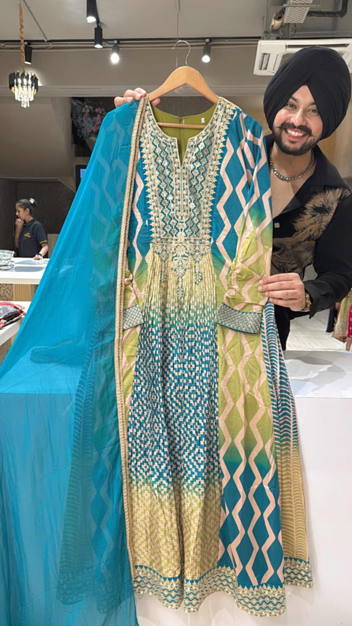 Chinon Rama Green Front Gathering Anarkali Gown with Beautiful Embroidery work on neck