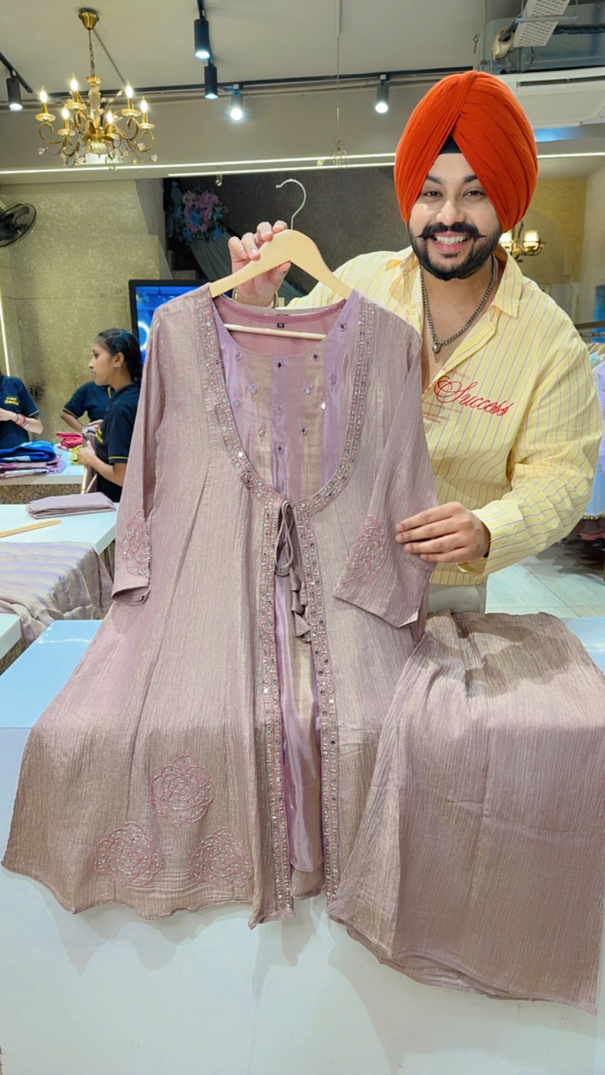 English Mauve Salsa Fabric Hand embroidered Side Shrug Designer Long Length Coord set