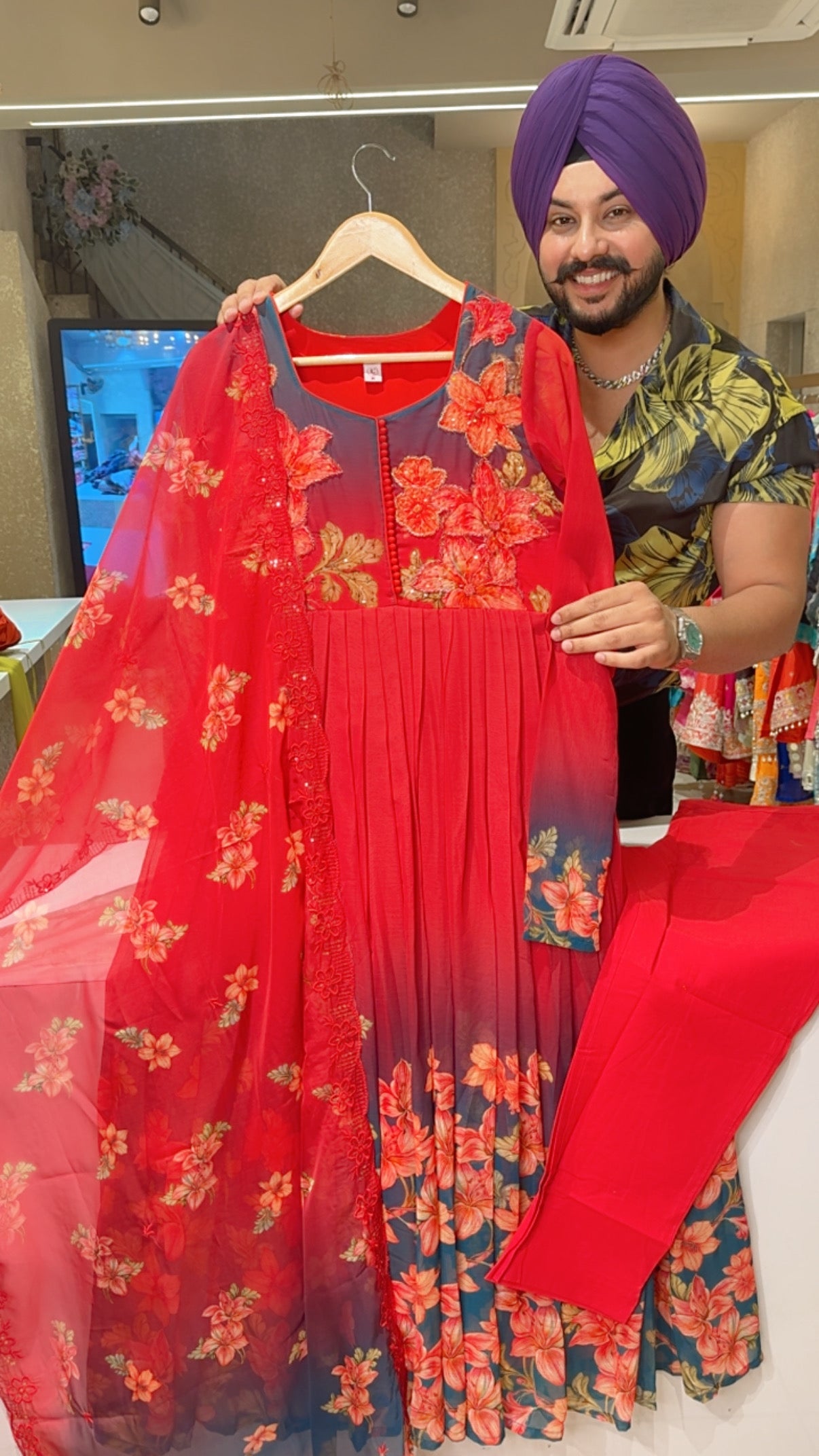 Deep Red Chiffon Full Flair Floral Print Anarkali Suit with Beautiful Hand embroidery Work on neck & Sequins Work Organza Duppata