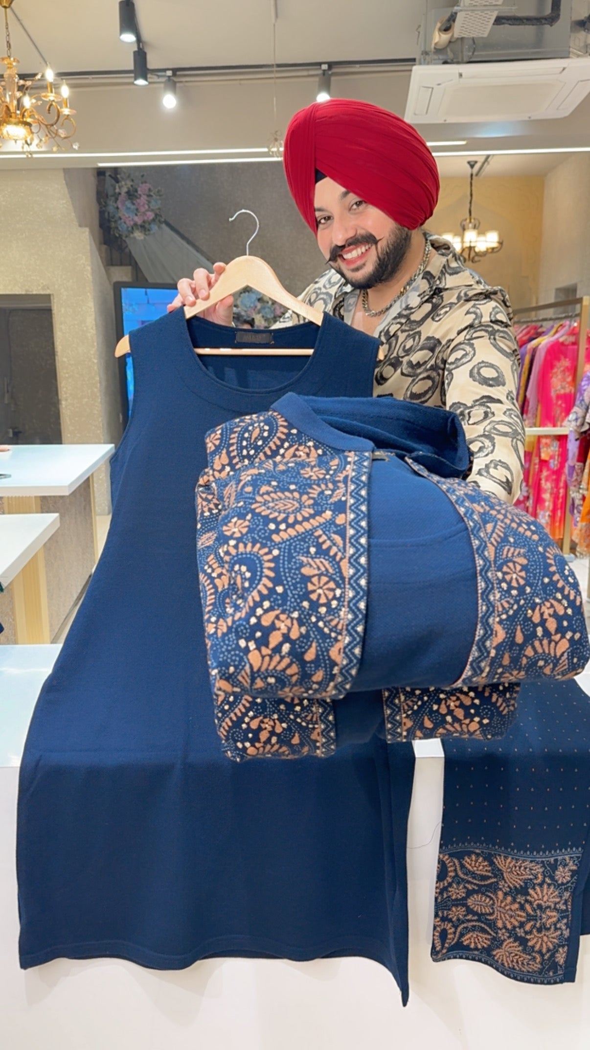 Dark Navy Woolen Long length Coord set With Beautiful Printed Shrug