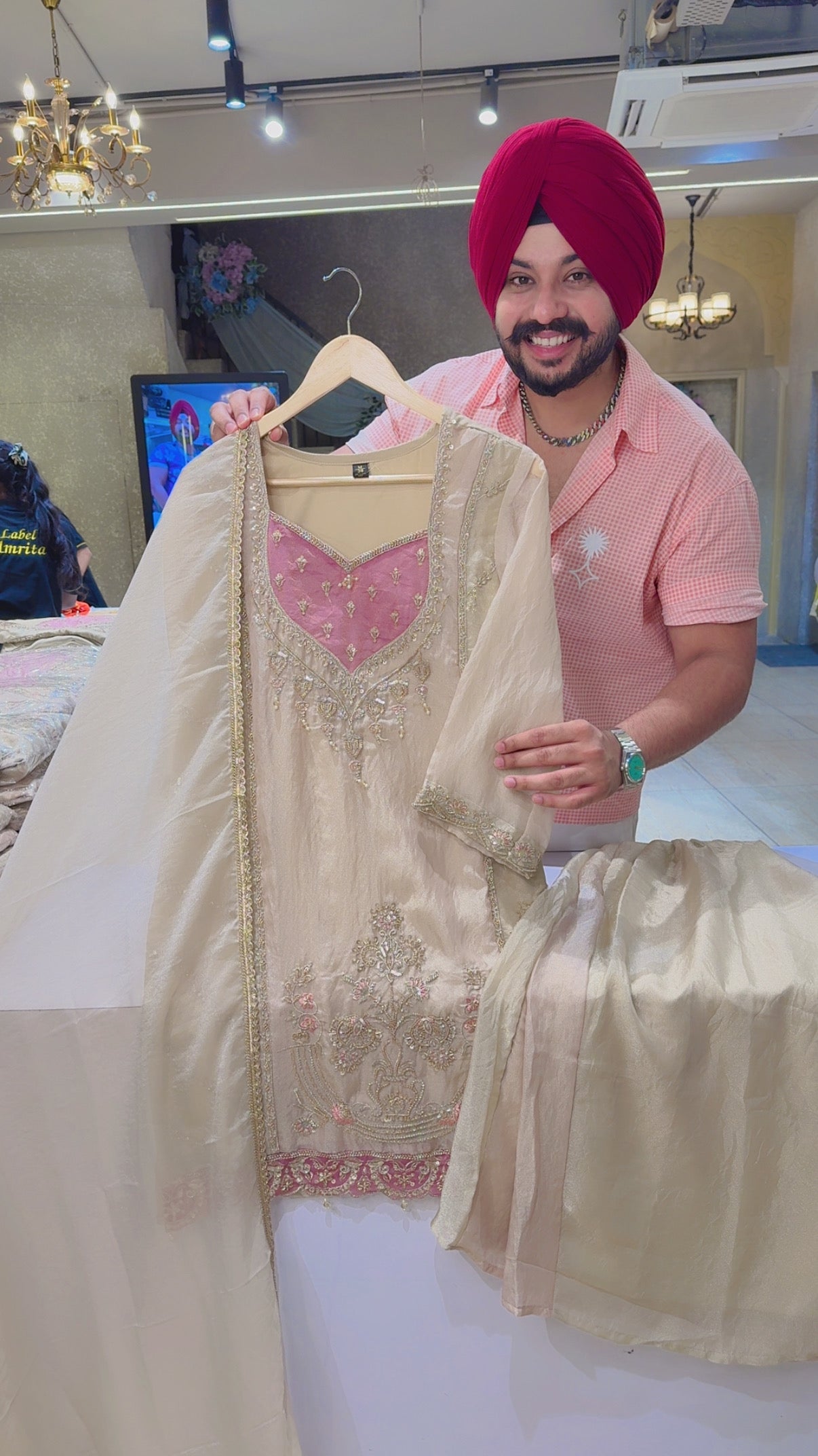 Beige & Pink Crush Tissue Hand Embroidered Designer Neck Party Wear Sharara suit
