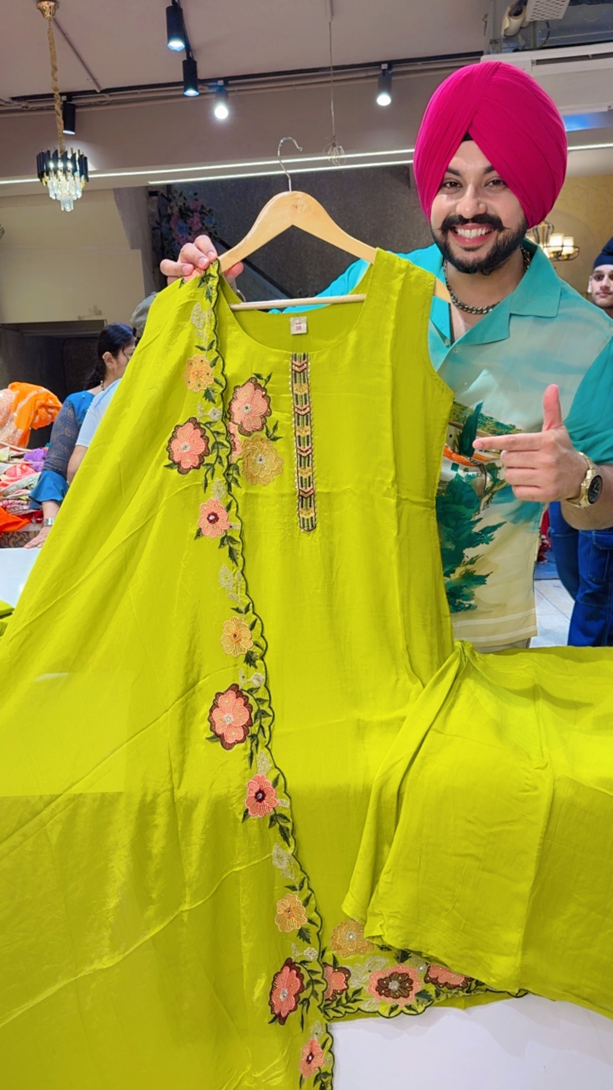 Parrot Green Pure Chinon Cut Sleeves Long Length Sharara Suit with Beautiful Embroidered Duppata