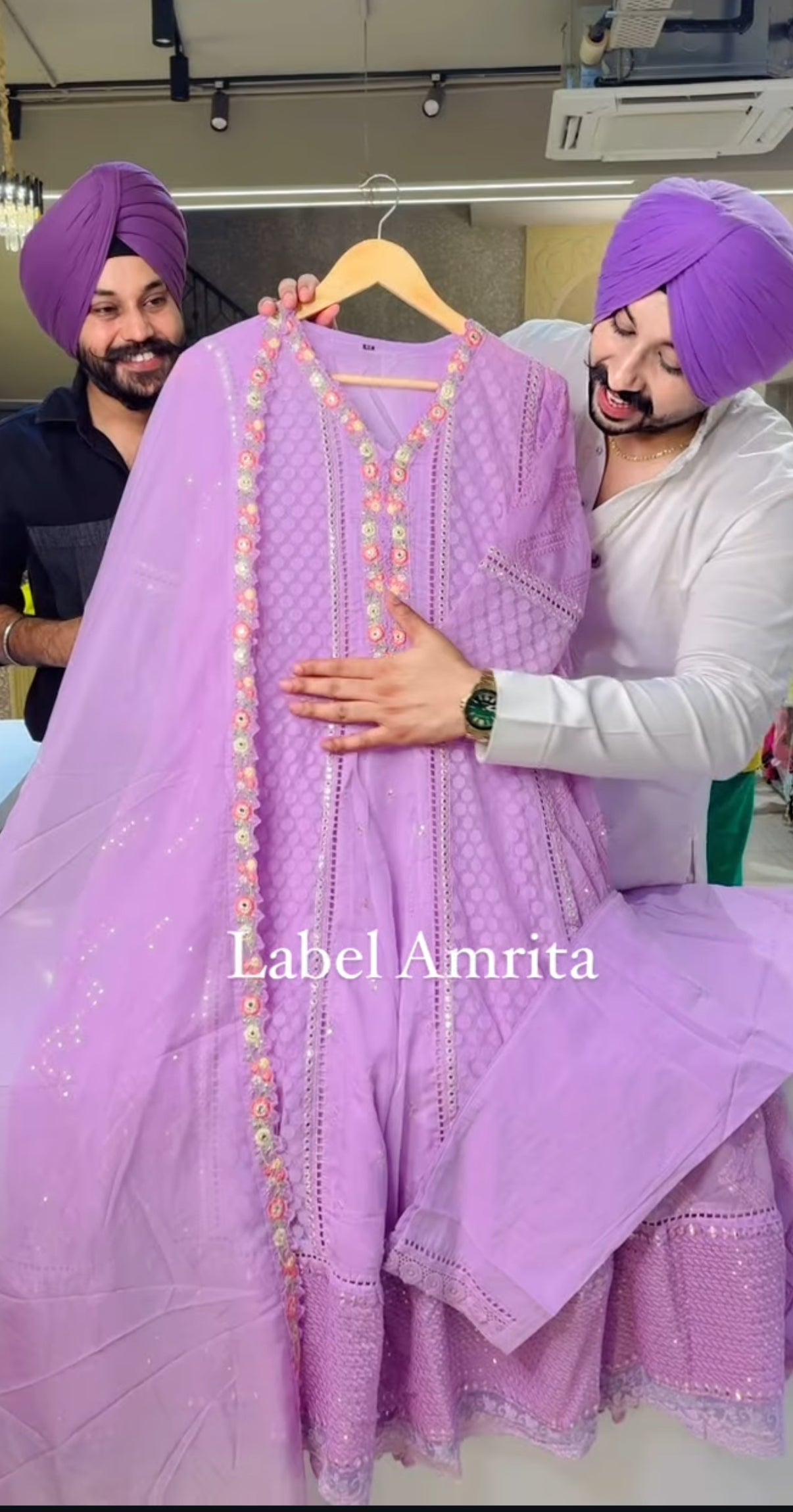 Lilac crochet & organza Anarkali suit with beautiful Duppata