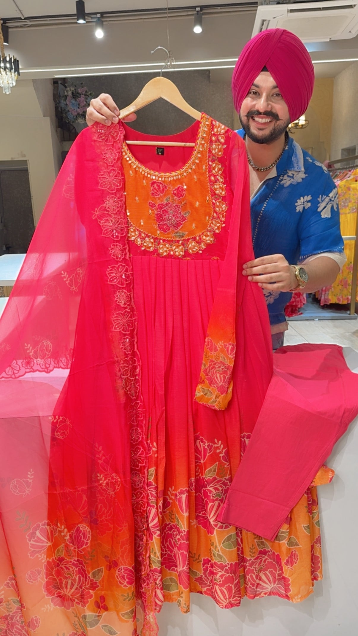 Hot pink Chiffon Full Flair Embroidered Anarkali Suit with Beautiful Organza Duppata
