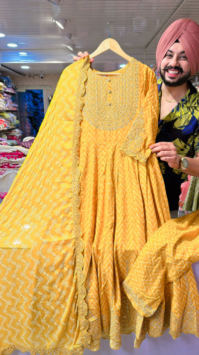 Off White Jaquard Kora Cotton Embroidered & Hand painted Anarkali Suit with Beautiful Duppata