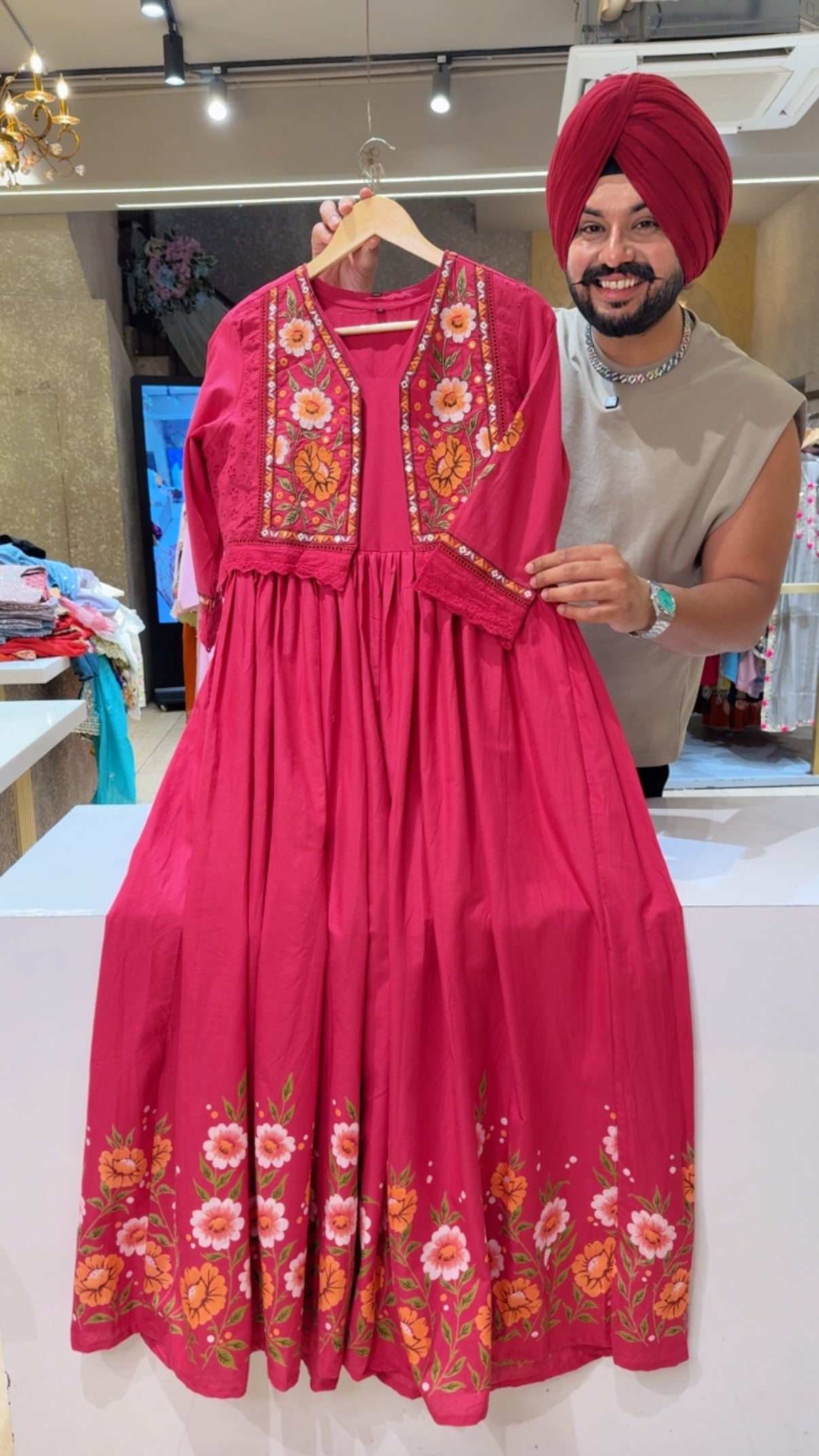 Hot pink Pure Cotton Full Flair Indowestern Dress with stylish Embroidered Short jacket