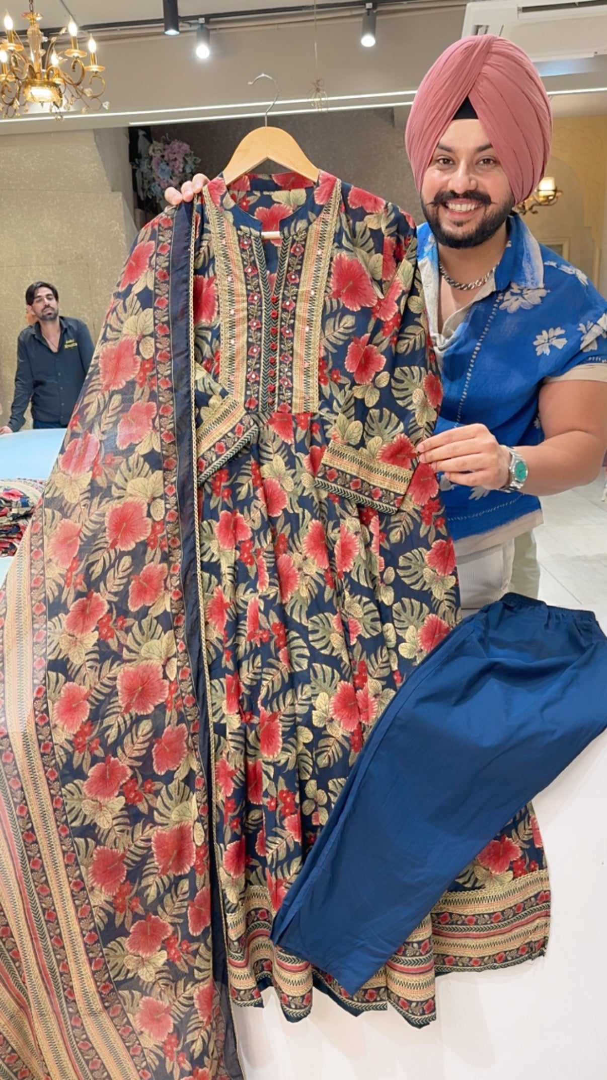 Blue Pure Cotton Floral Print Office Wear Anarkali suit with Sleek Hand embroidery work on Neck