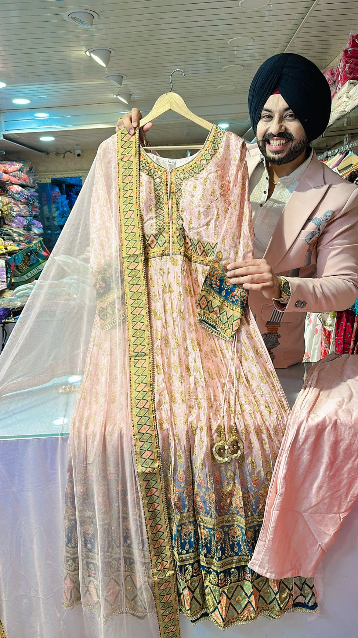 Light Pink muslin silk Floor length Nyracut suit with Beautiful Net Duppata