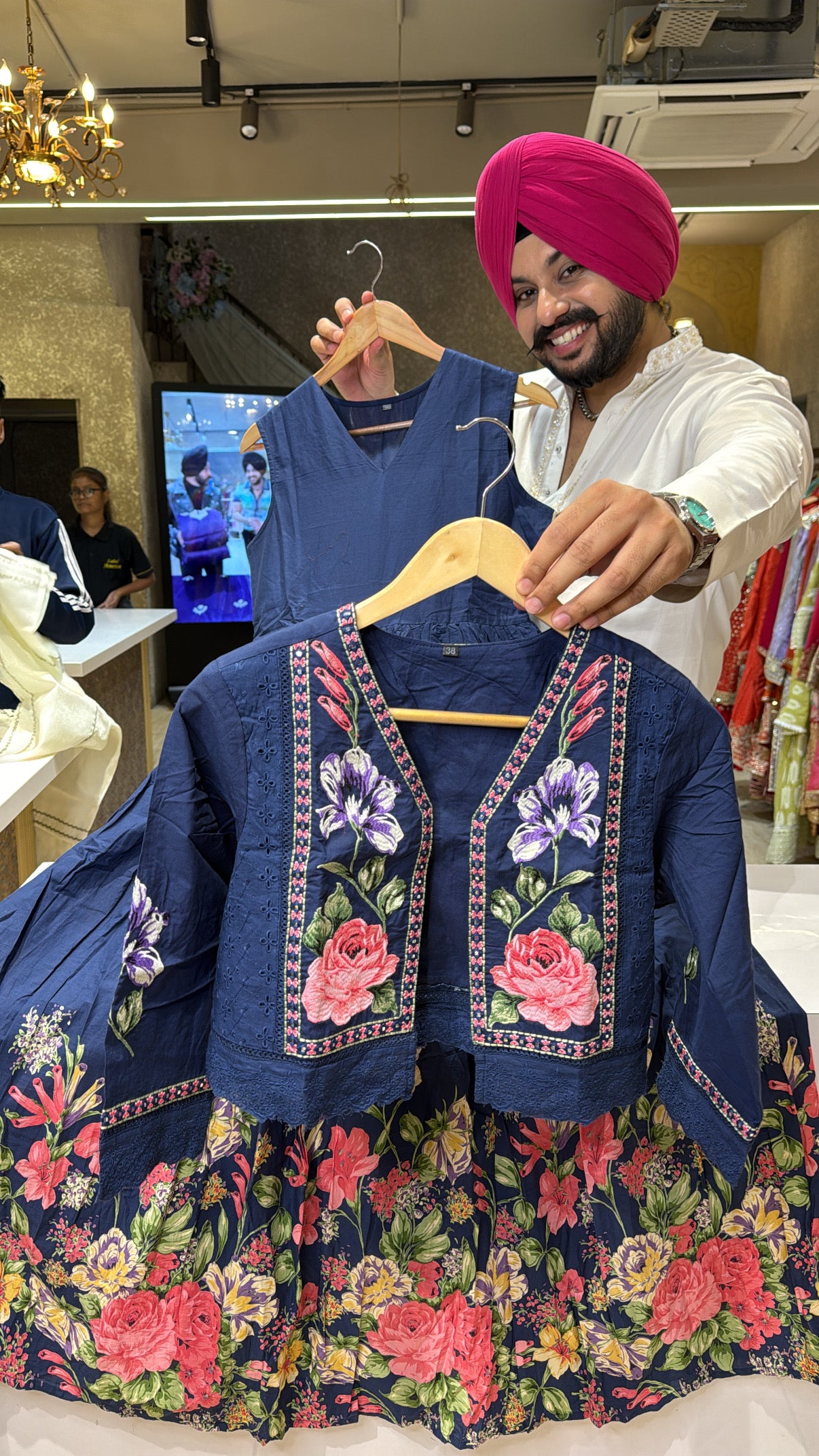 Dark Blue Pure Cotton Full Flair Indowestern Dress with stylish Embroidered Short jacket