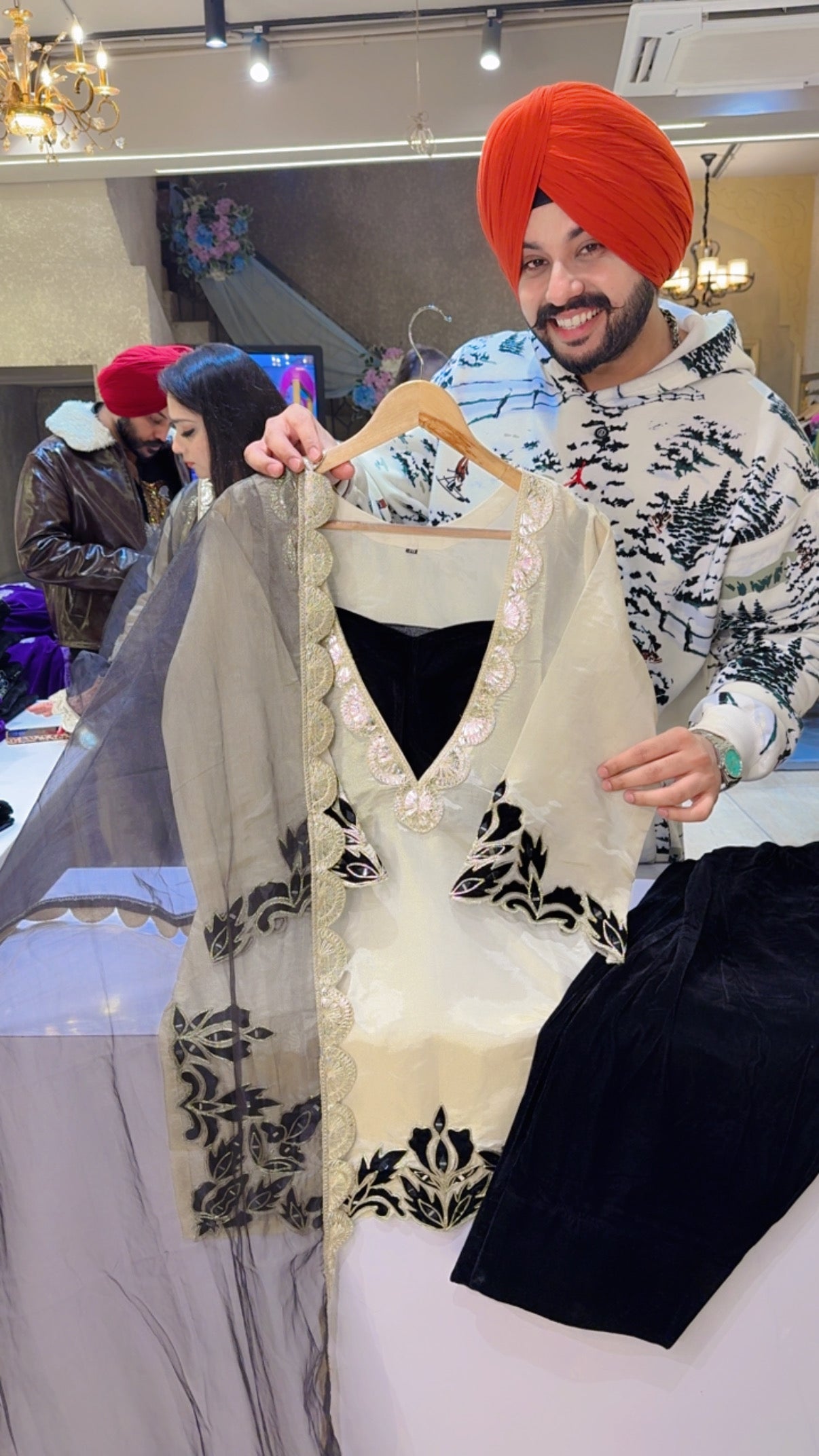 Ivory & Black Shimmer silk & velvet Designer Farshi Salwar set with Stylish bustier