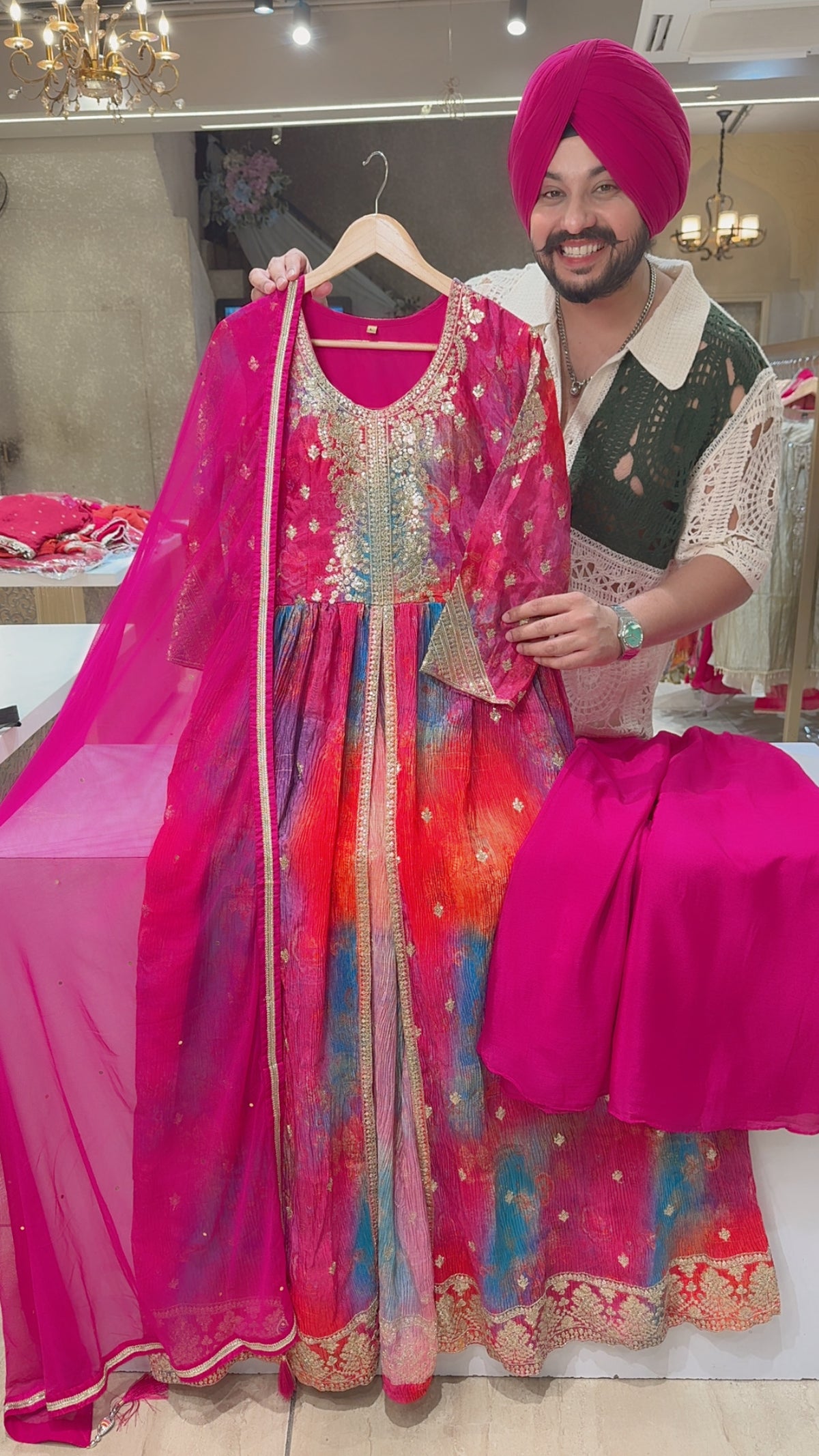 Rani & Multicolored Crush Chinon Fully embroidered Front Slit Floor Length Anarkali Gown suit with Net Duppata