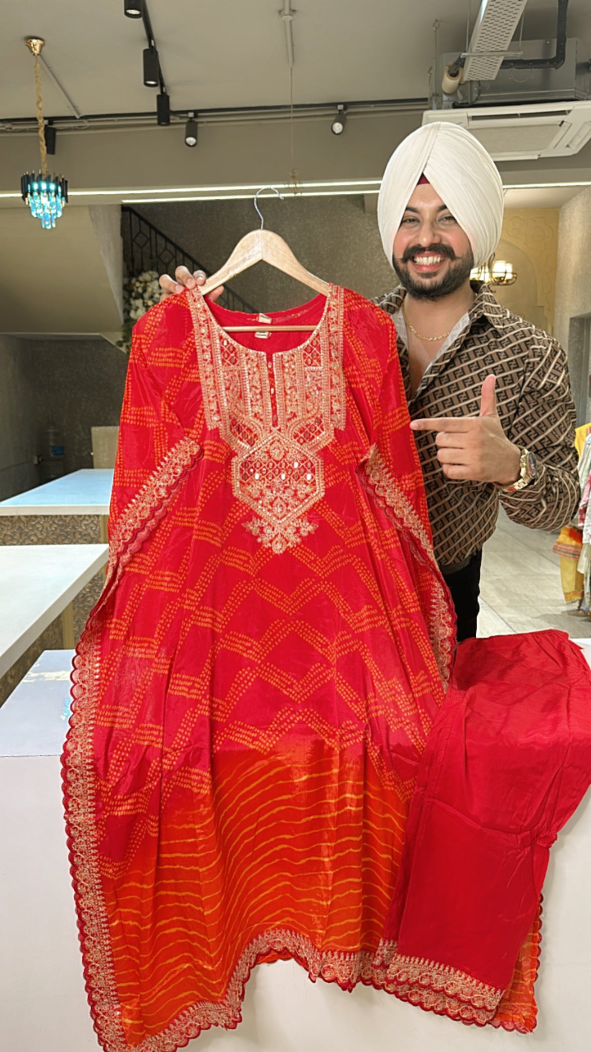 Red & orange Chinon Bandhej print Kaftan Coord set with beautiful Embroidery work