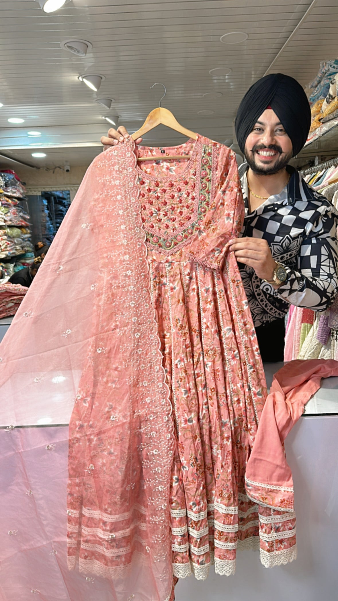 Pinkish peach pure Cotton Full flair Anarkali suit with Beautiful embroidery work on neck