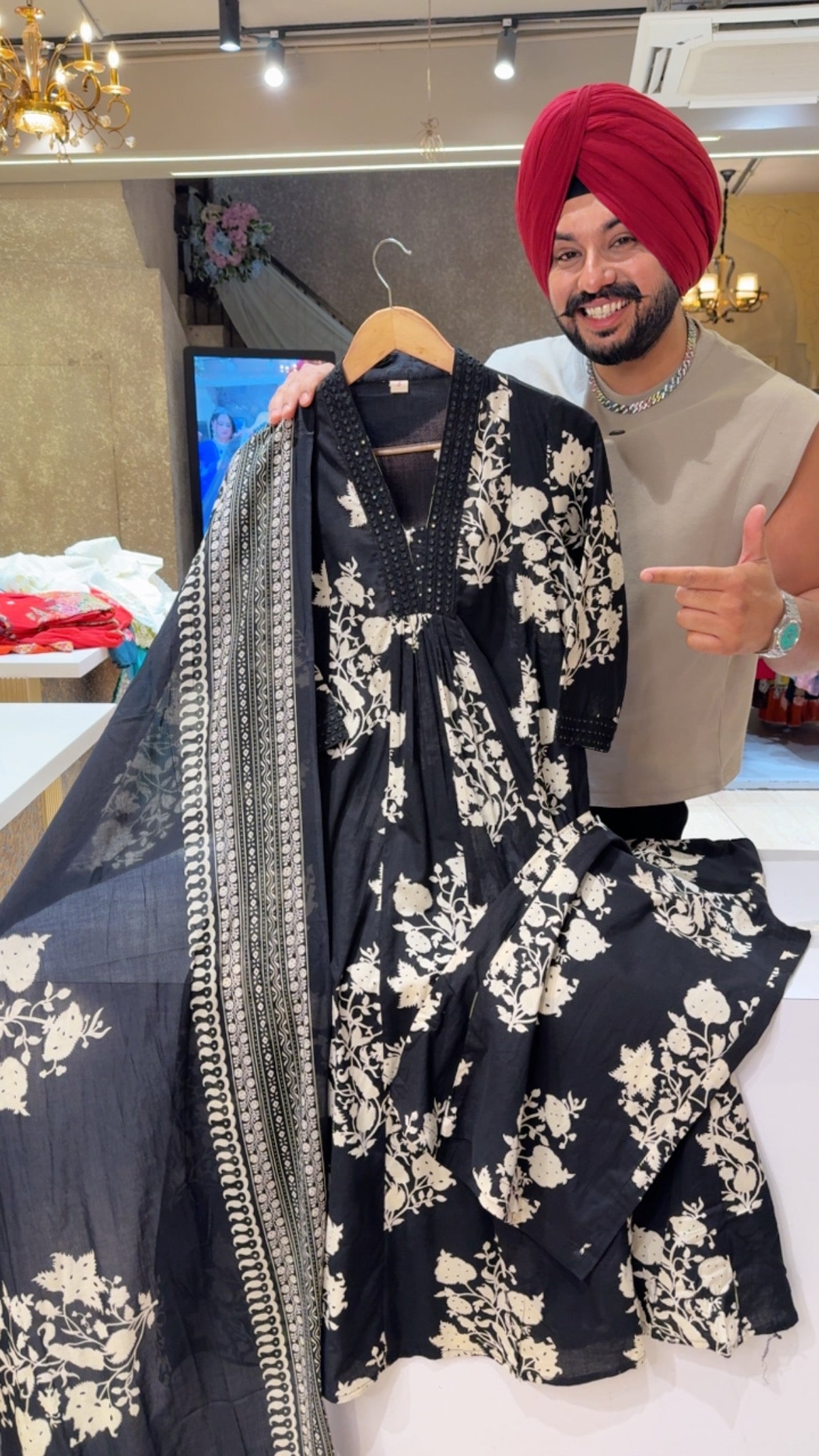 Black Soft Cotton Office Wear A-line Suit with Beautiful Embroidery work on neck