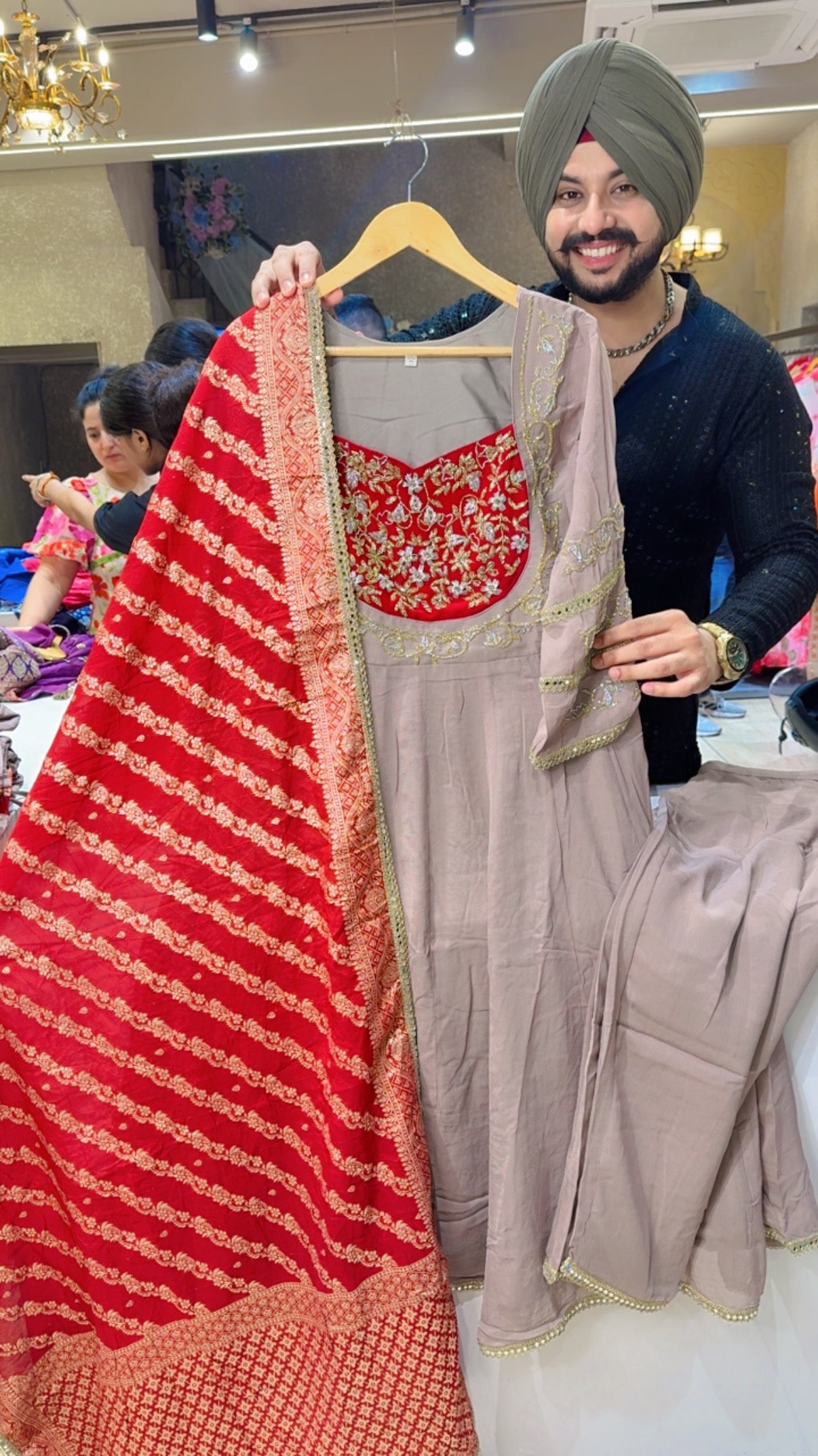 Light Cheeku & Deep Red Georgette Heavy Hand Embroidered Partywear Anarkali suit with Beautiful Banarasi Look Duppata