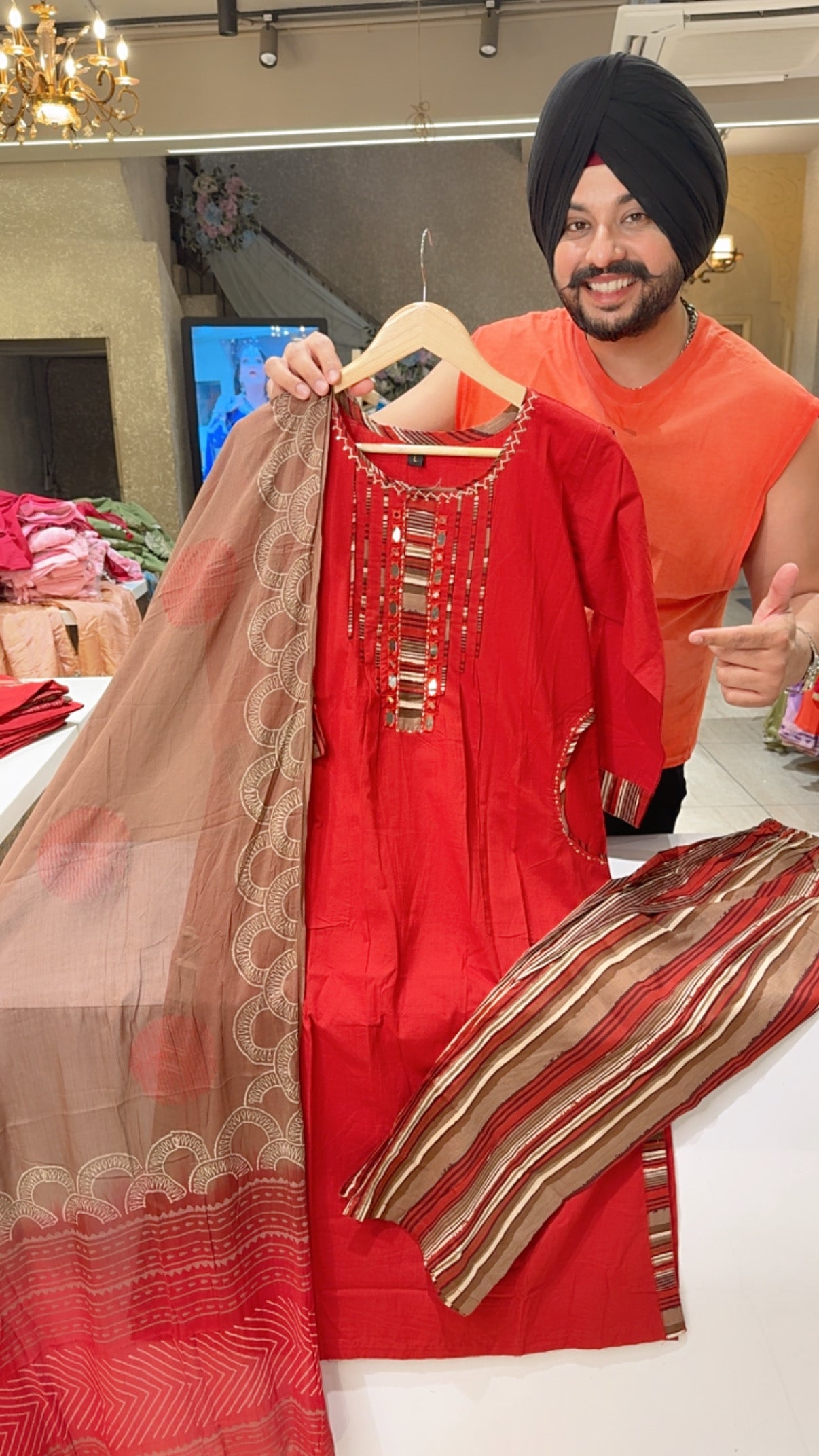 Brick Colour Pure Cotton Office Wear Straight Suit with Sleek embroidery work on neck & Pockets