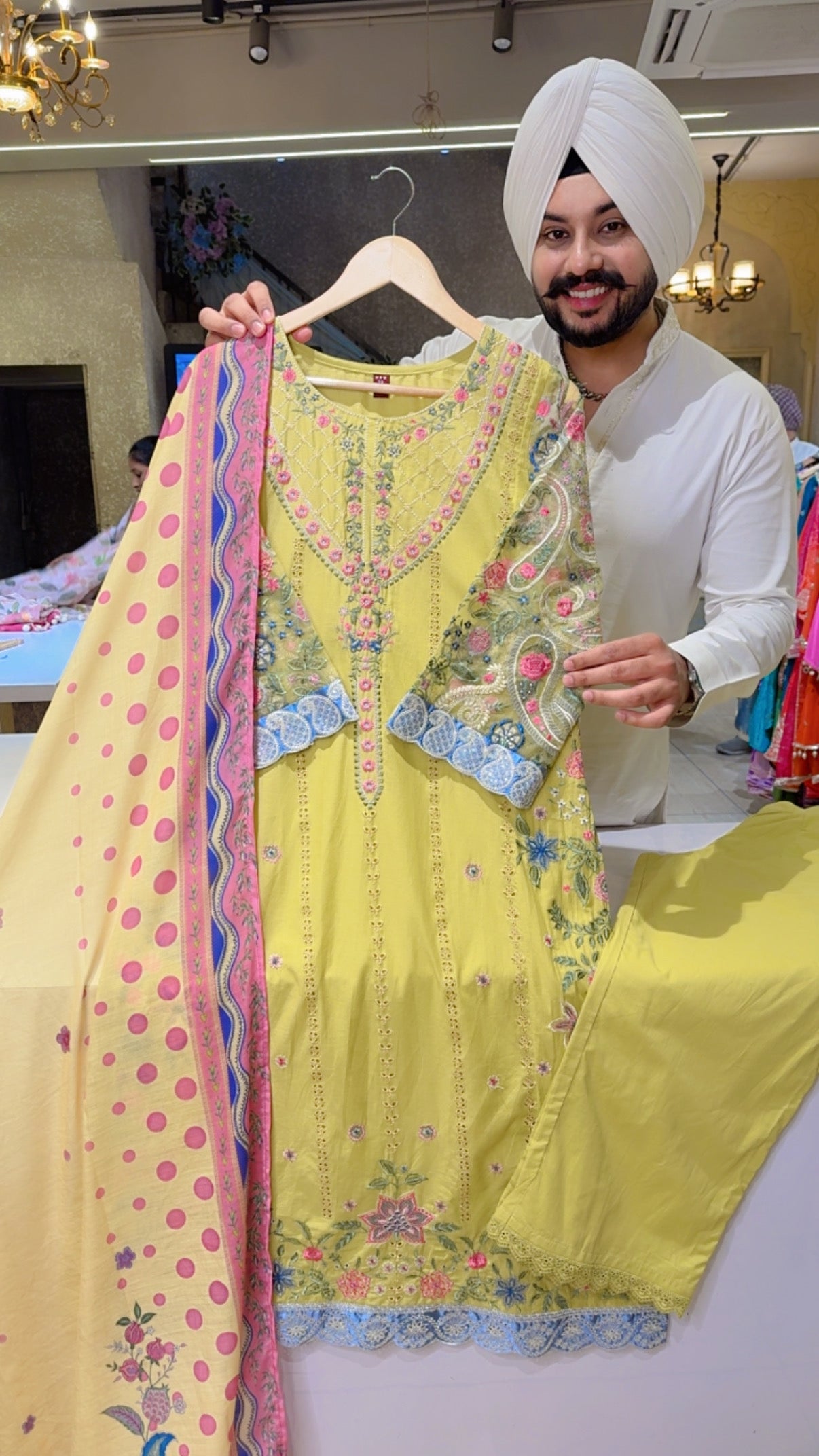Lemon Yellow Mal Cotton Fully Embroidered Kashmiri Suit with Sytlish Organza Sleeves