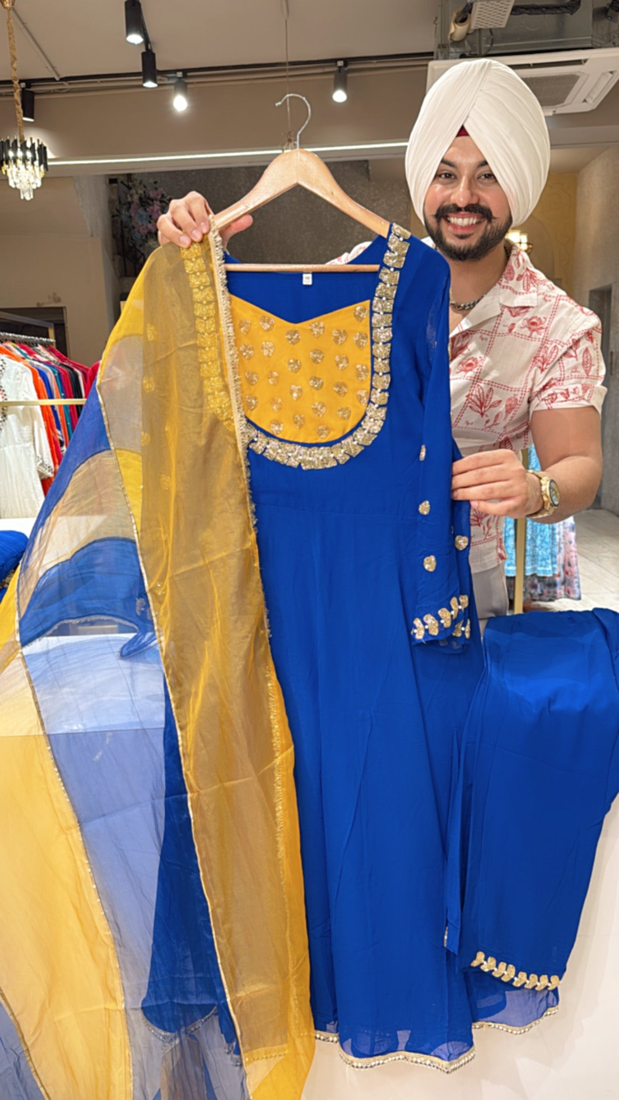 Royal Blue Georgette Hand embroidered Party wear Anarkali Suit with Beautiful Organza Duppata