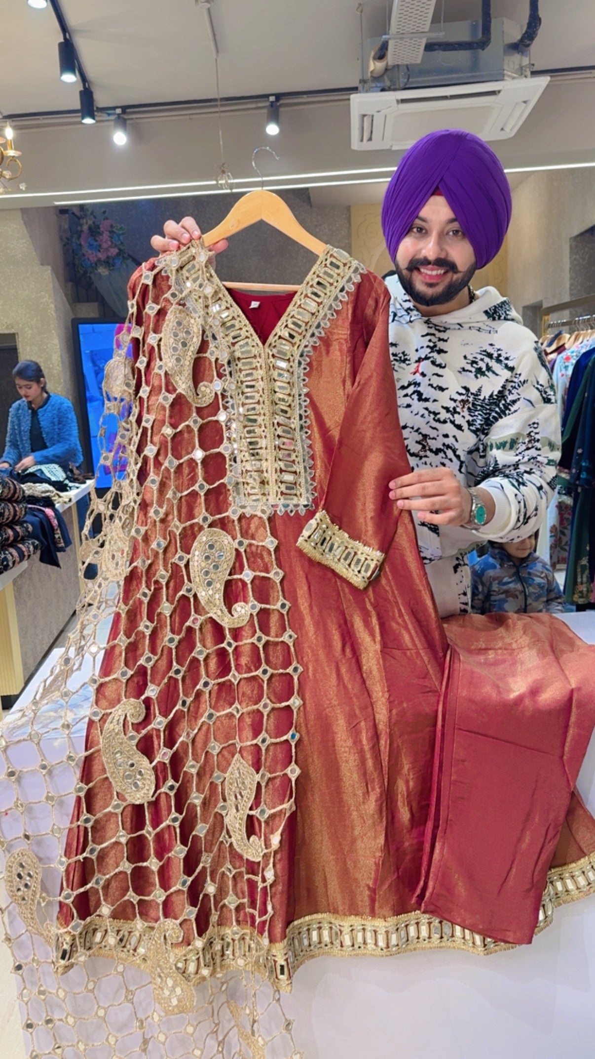 Goldenish Rust Shimmer Silk  Mirror Work Anarkali suit with Beautiful Designer Lace Duppata