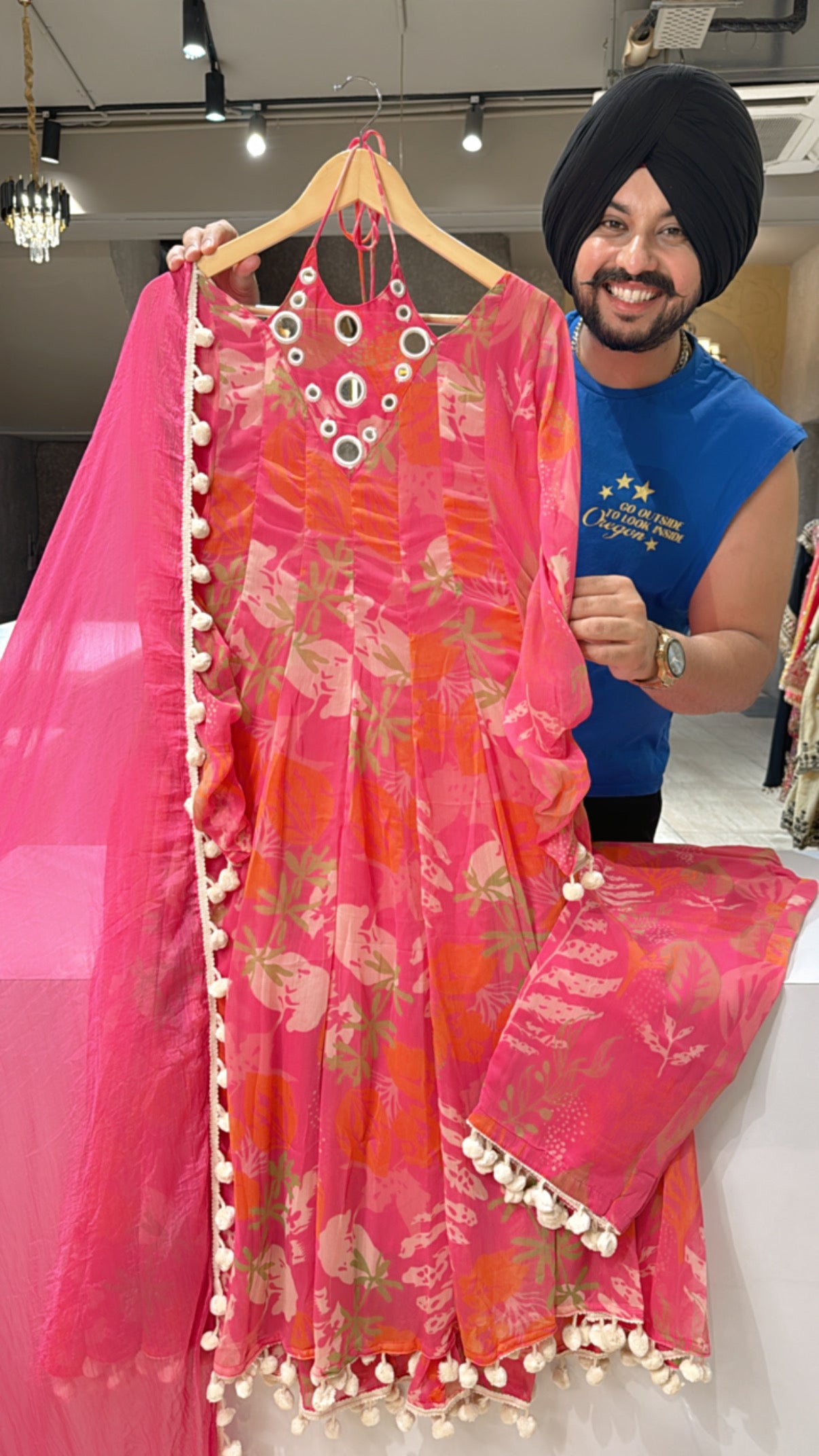 Hot Pink Georgette Designer Mirror Neck Pom-Pom Anarkali suit with Chiffon Duppata