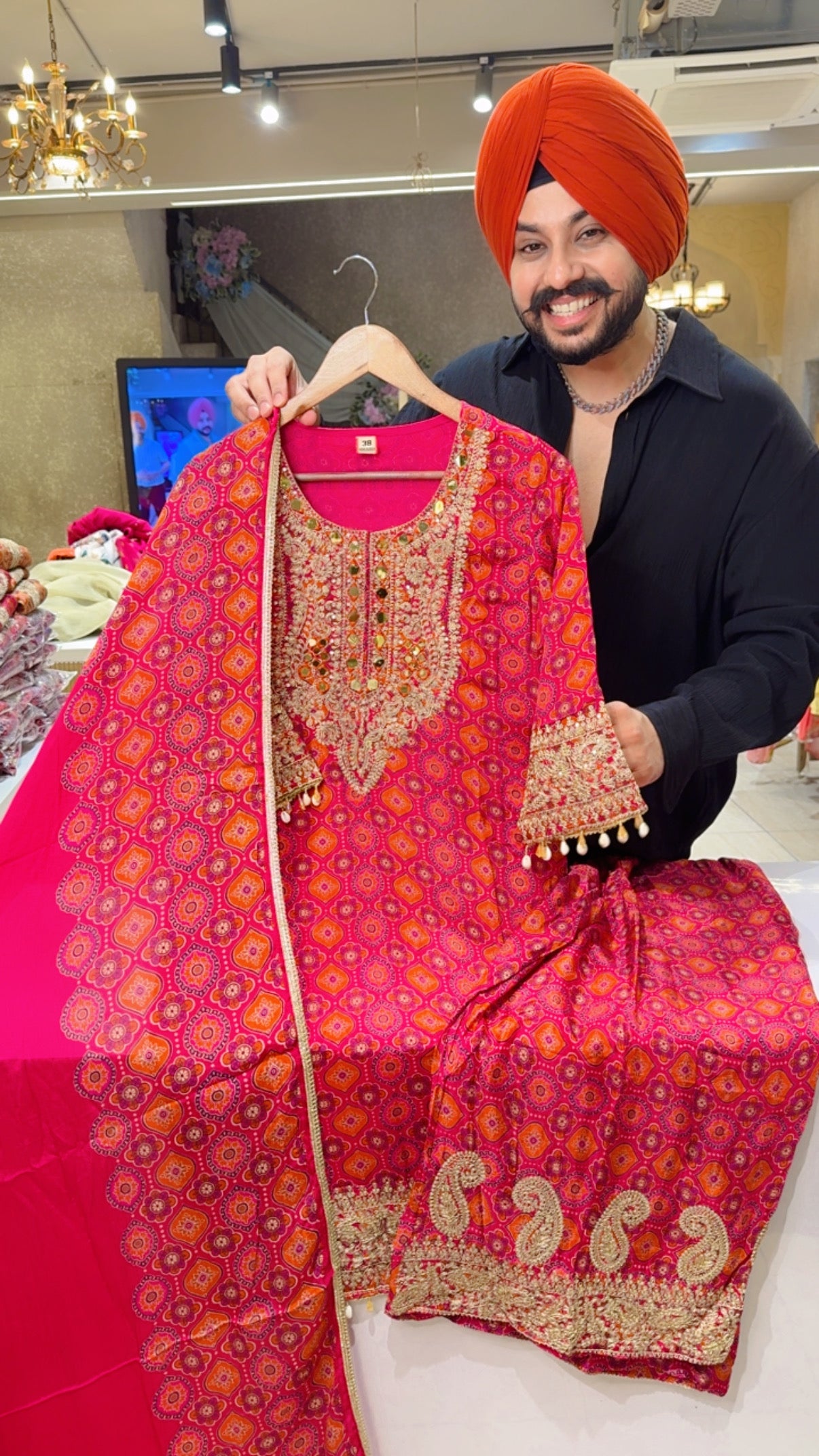 Hot Pink Chinon Heavy Embroidered Party wear Plazo suit
