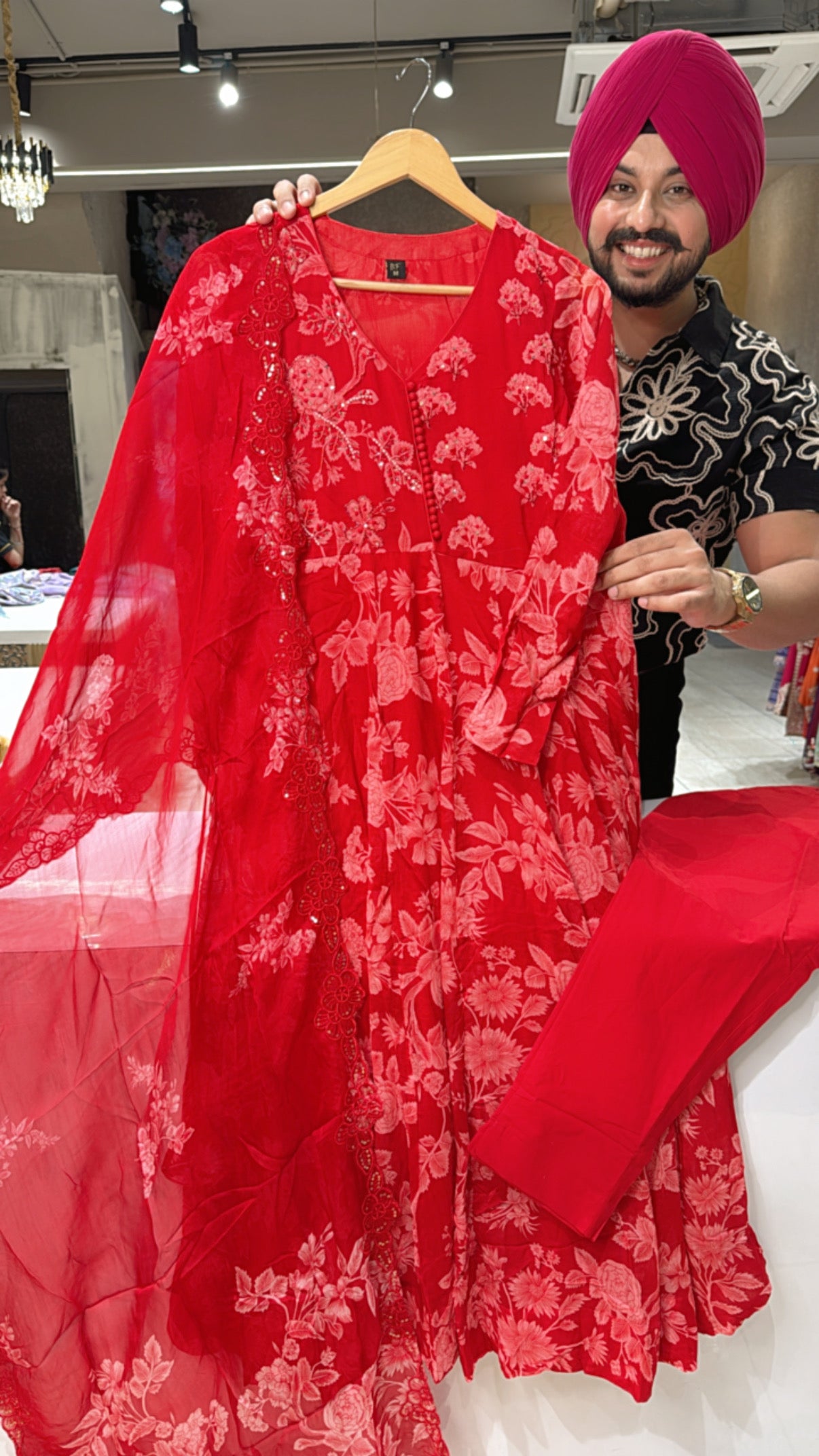 Red Chinon Floral Print Full Flair Anarkali Suit with Hand embroidery Work on neck & sleek Soft Organza Duppata