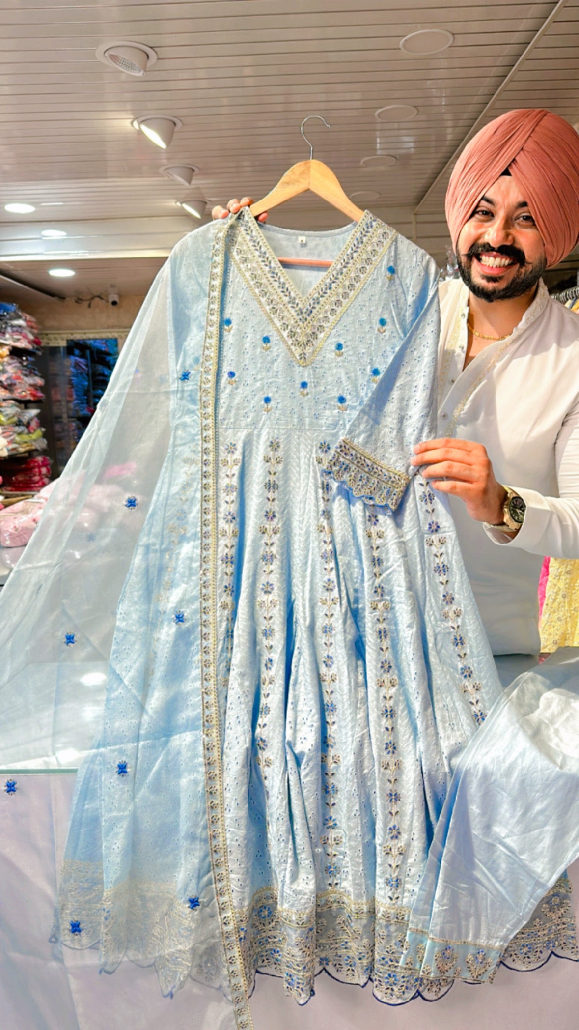 Light blue V-neck embroidered Anarkali suit with Beautiful Organza Duppata