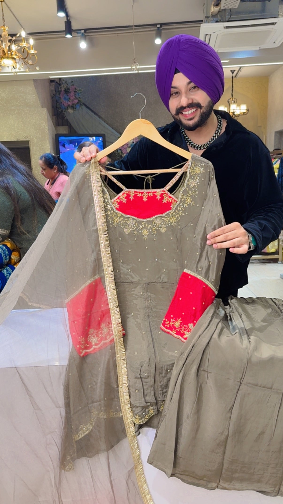 Grey Pure Crepe Designer Neck Front Slit Hand embroidered Sharara Set with Beautiful Organza Duppata