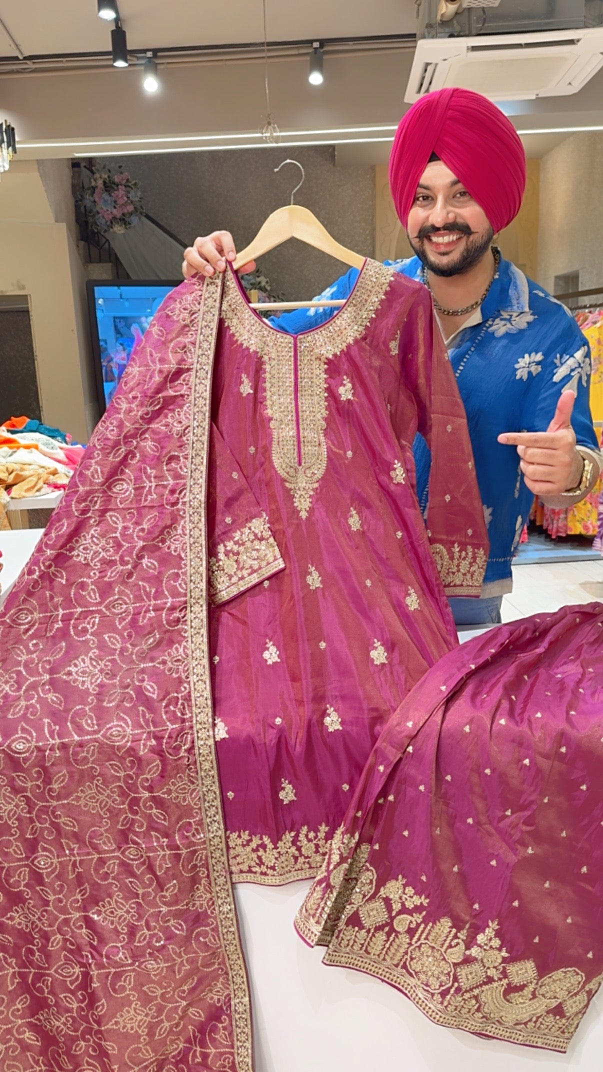 Onion Colour Shimmer Silk Full Flair Plazo Suit with Heavy embroidered Duppata