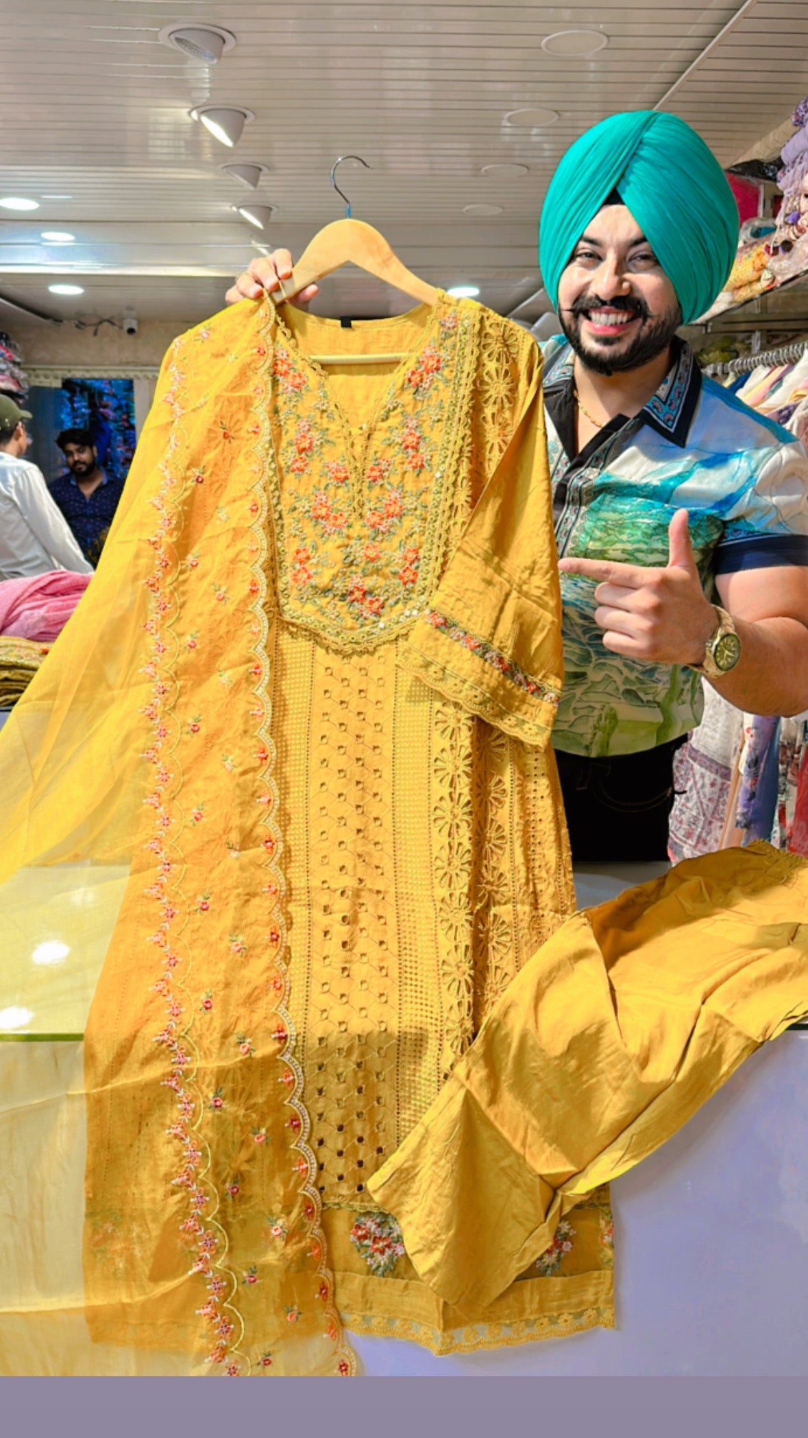 Mustard yellow Muslin silk Embroidered Pakistani suit with Beautiful Organza Duppata