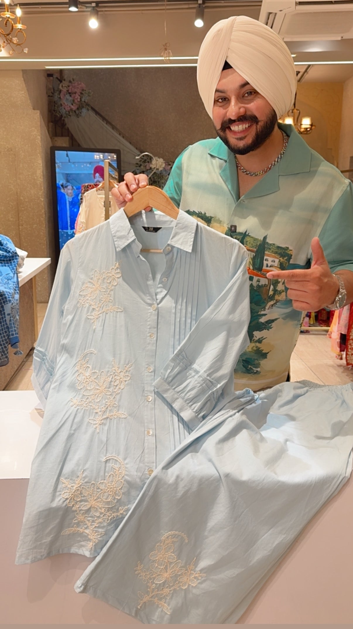 Sky Blue Cotton Collar Neck Embroidered Office Wear Coord set with Embroidered plazo