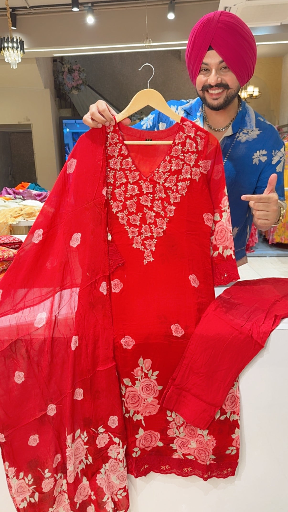 Red Georgette Floral Print Party Wear Straight Suit with Hand embroidery Work on neck